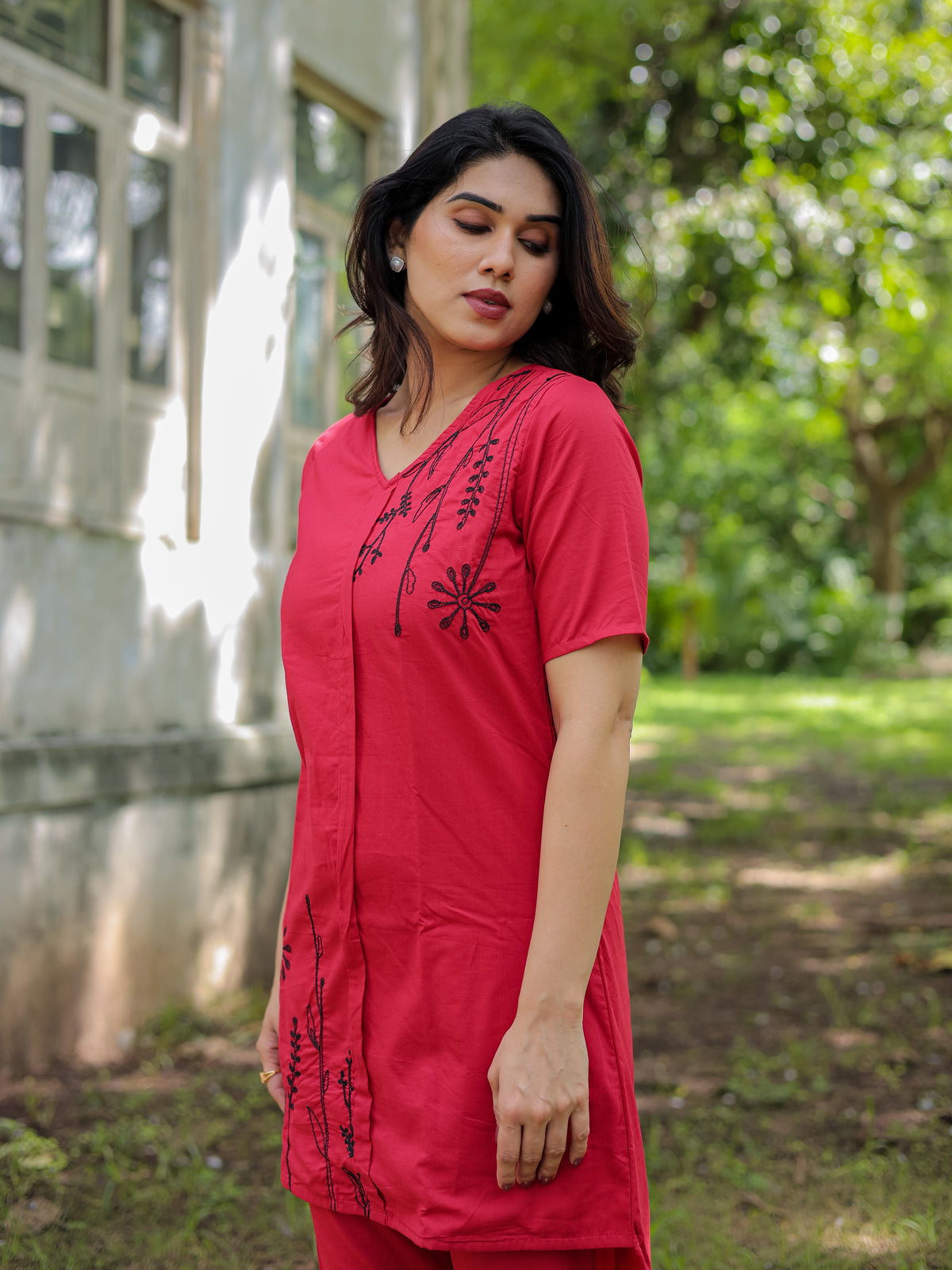 Red Floral Embroidery Cotton Co-ords Set
