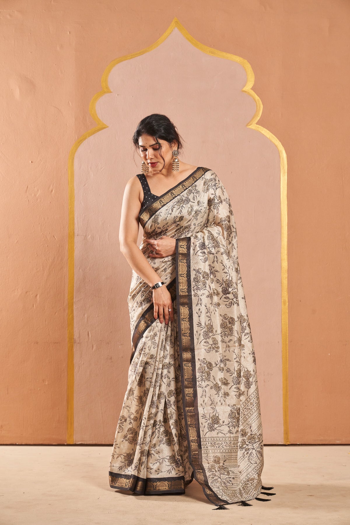 Vanya Beige Floral Saree with Elegant Contrast Border
