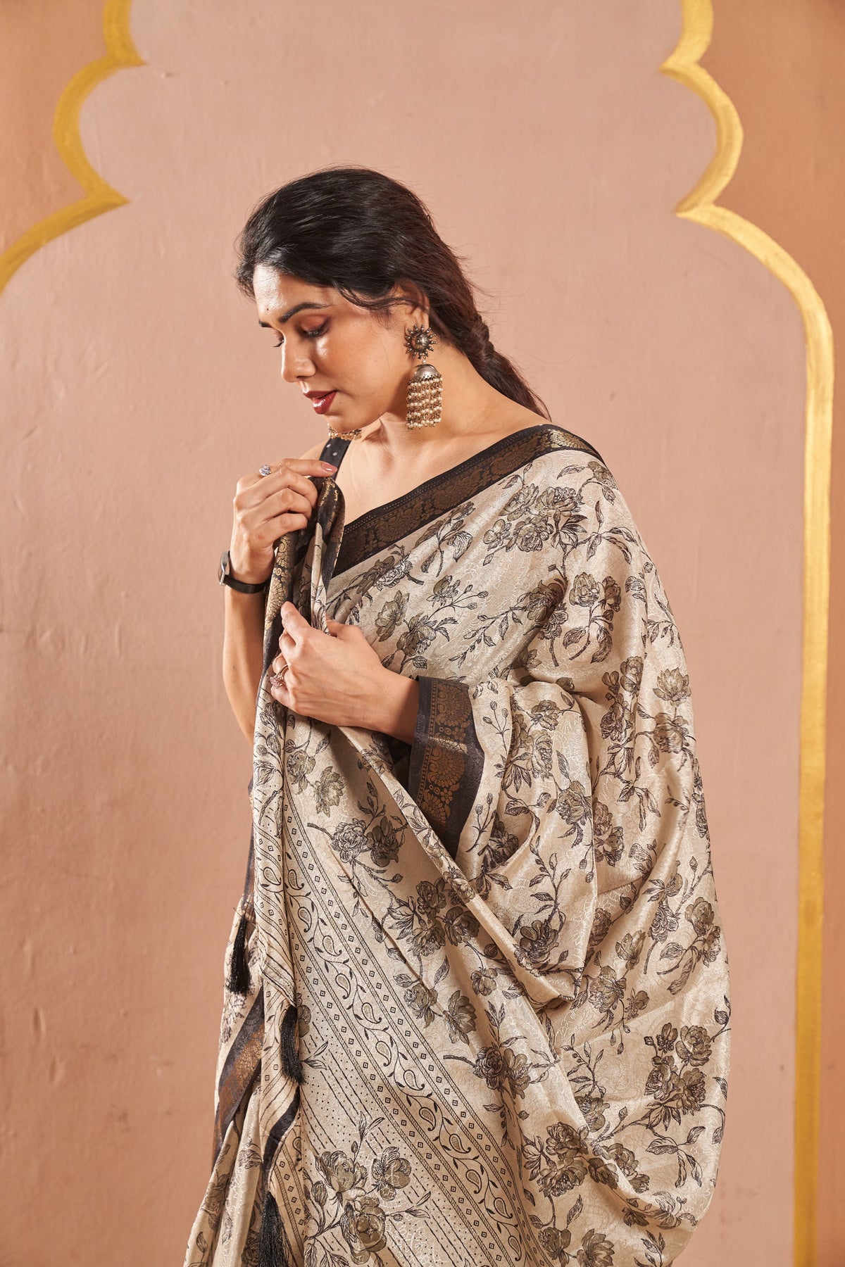 Vanya Beige Floral Saree with Elegant Contrast Border