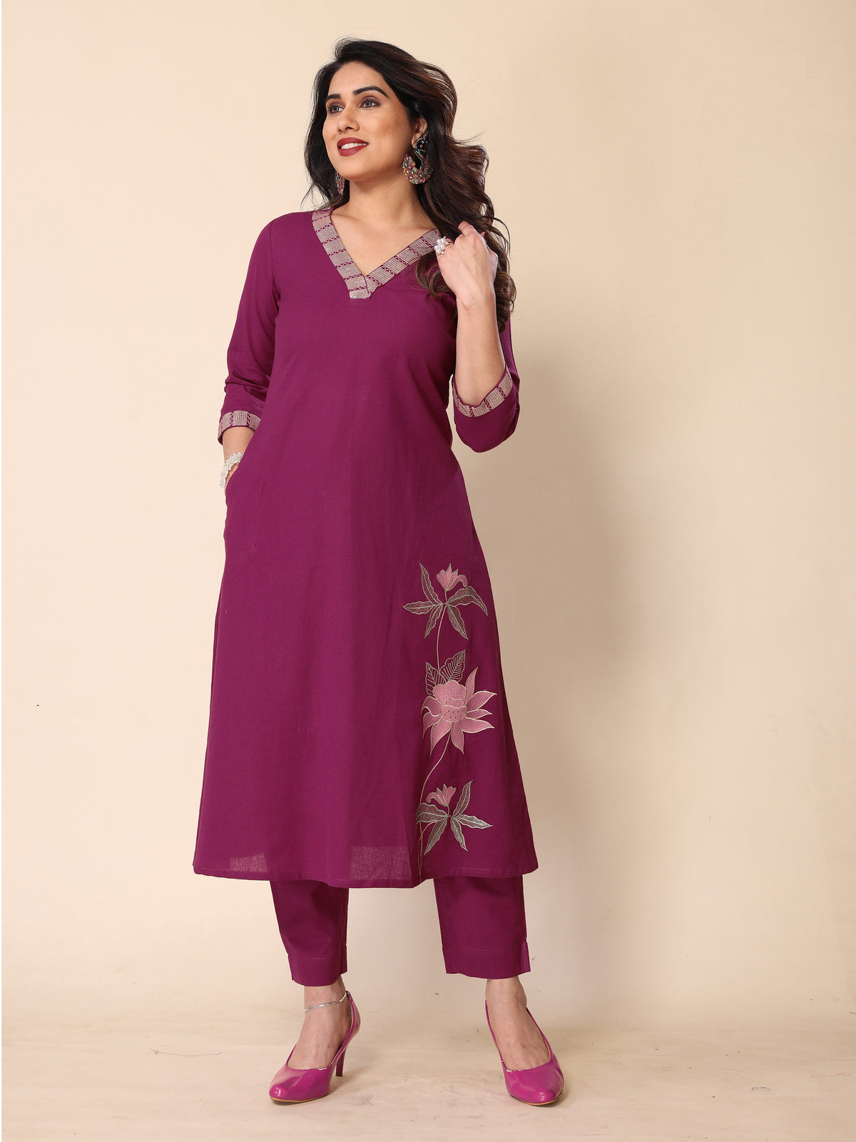 Magenta Floral Embroidery A-Line Kurta with Trousers