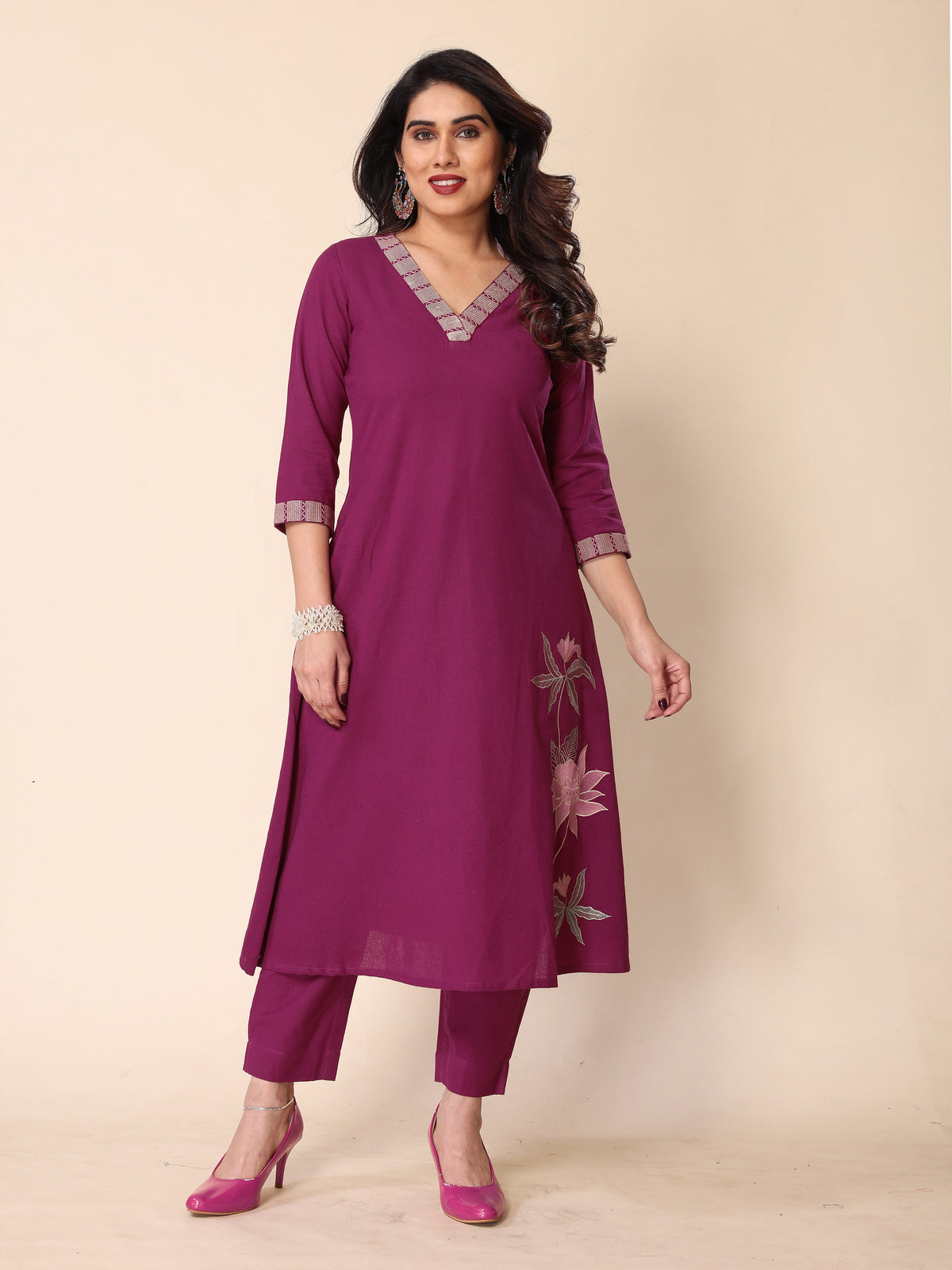 Magenta Floral Embroidery A-Line Kurta with Trousers