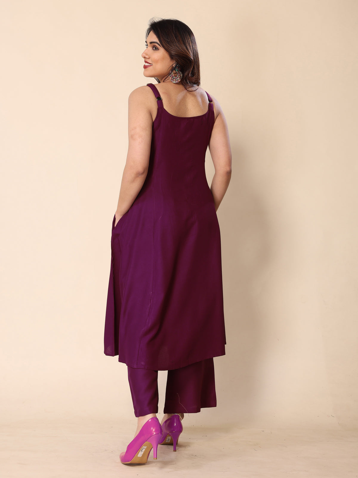 Purple Hand Mirror Embroidery A-Line Sleeveless Kurta with Trousers
