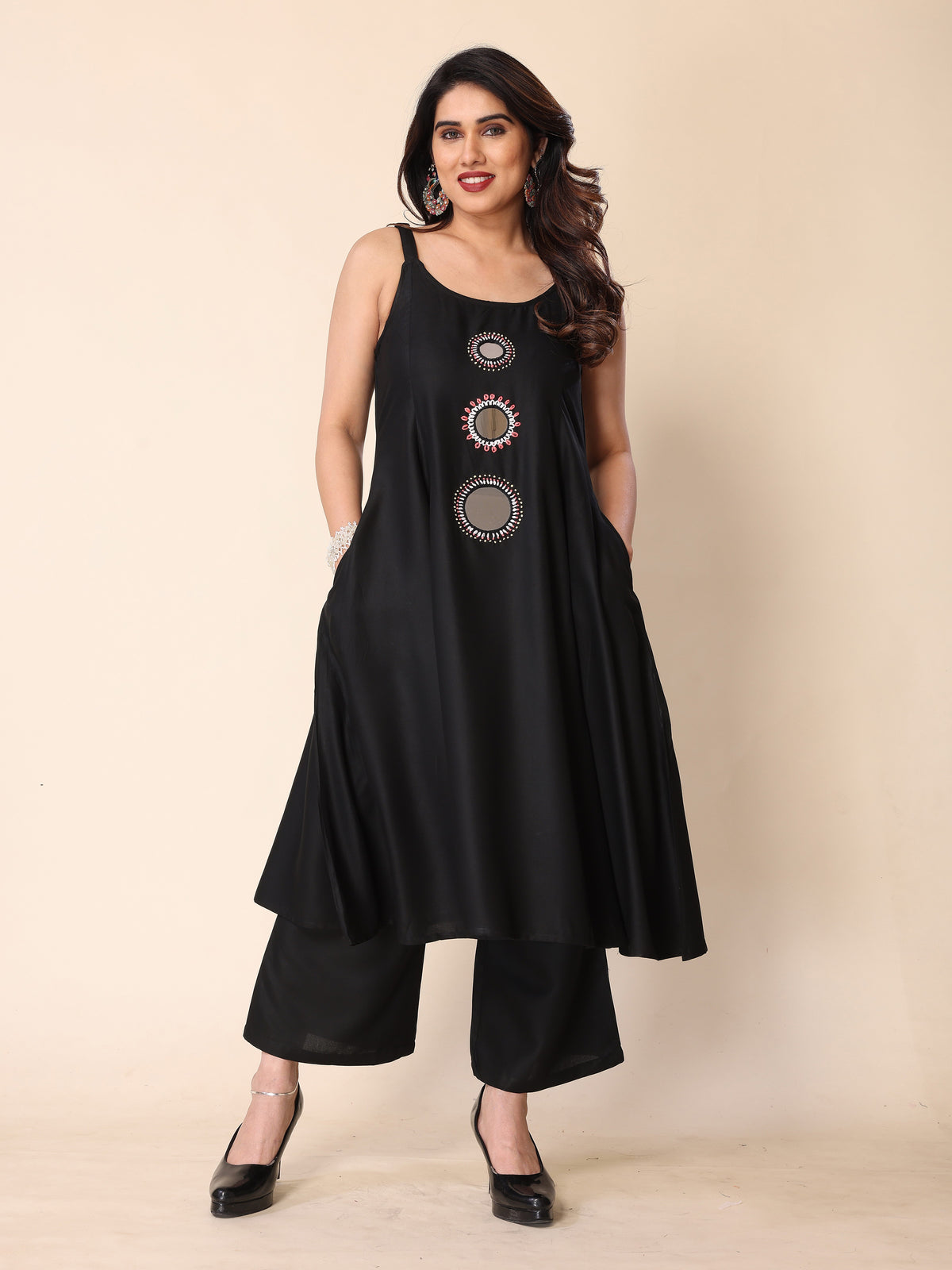 Black Hand Mirror Embroidery A-Line Sleeveless Kurta with Trousers