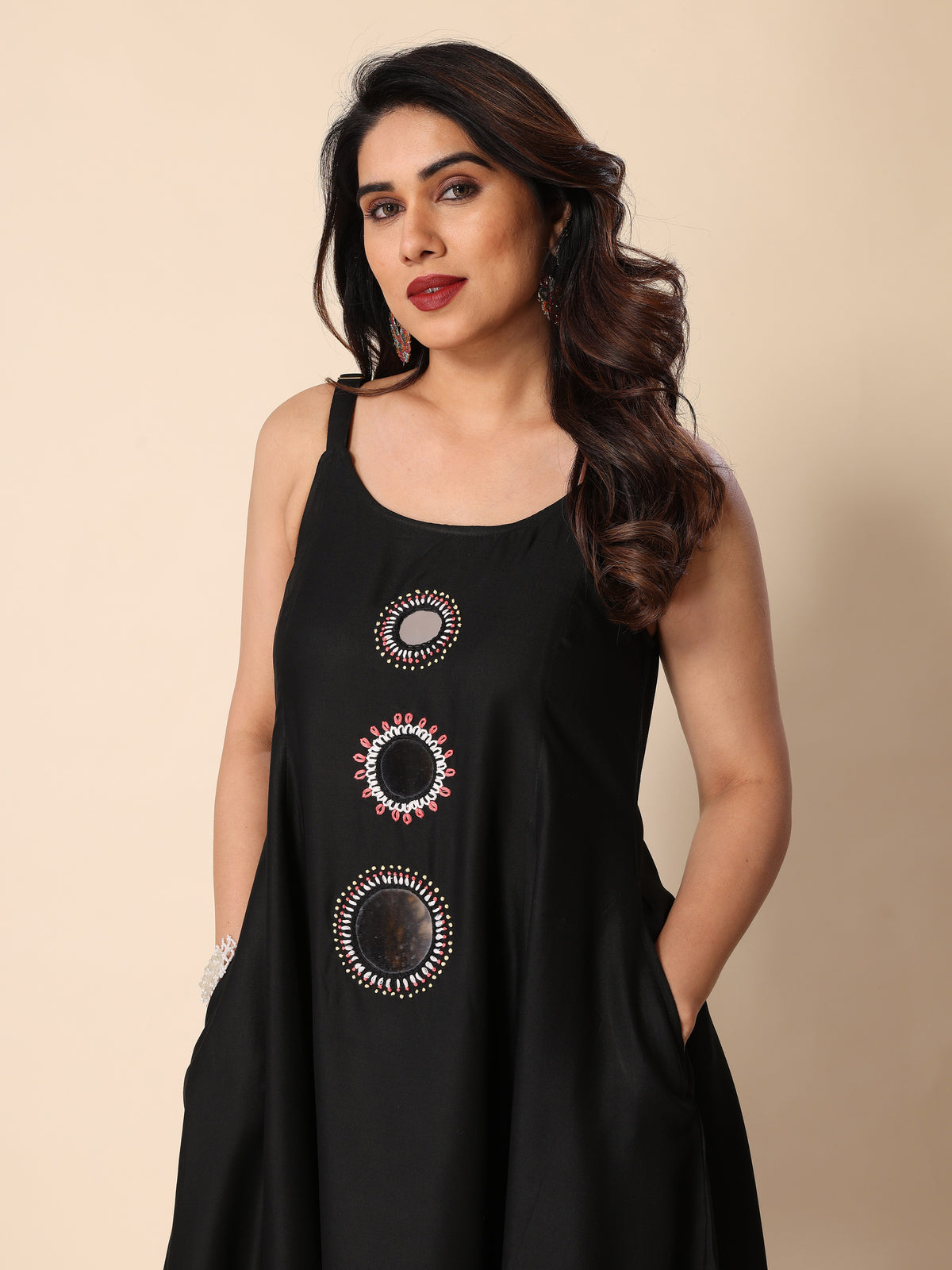 Black Hand Mirror Embroidery A-Line Sleeveless Kurta with Trousers