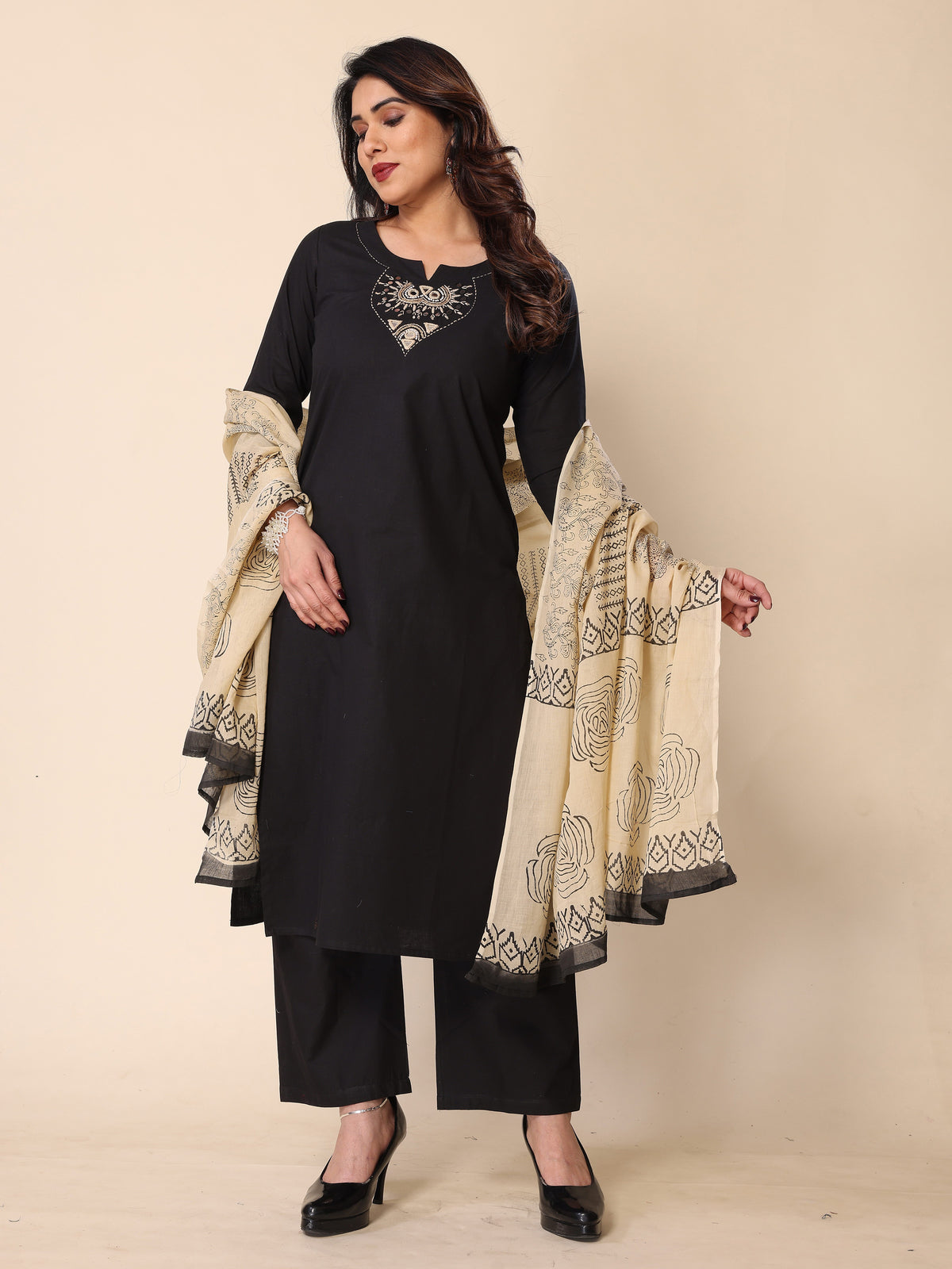 Black Kantha Work Cotton Kurta Pant Set with Dupatta