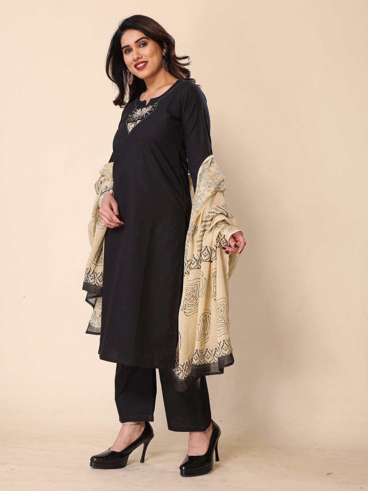 Black Kantha Work Cotton Kurta Pant Set with Dupatta
