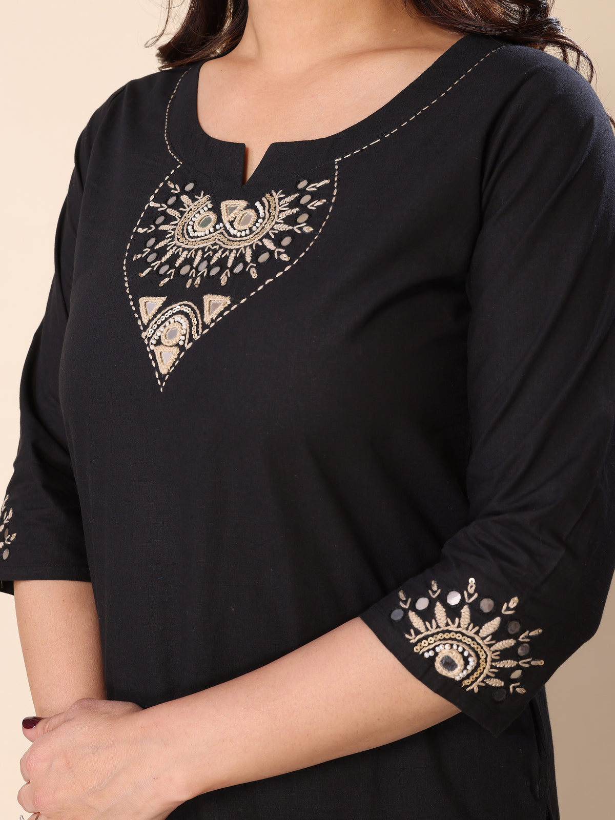 Black Kantha Work Cotton Kurta Pant Set with Dupatta