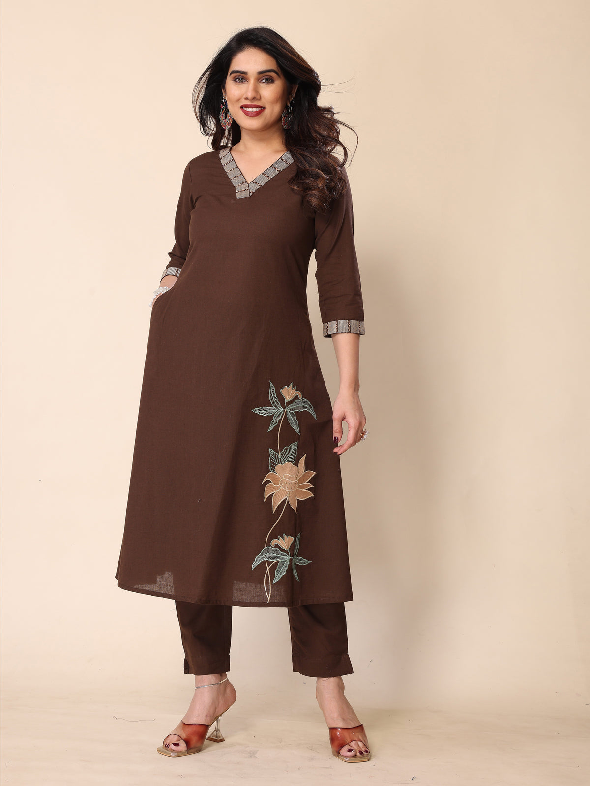 Brown Floral Embroidery A-Line Kurta with Trousers