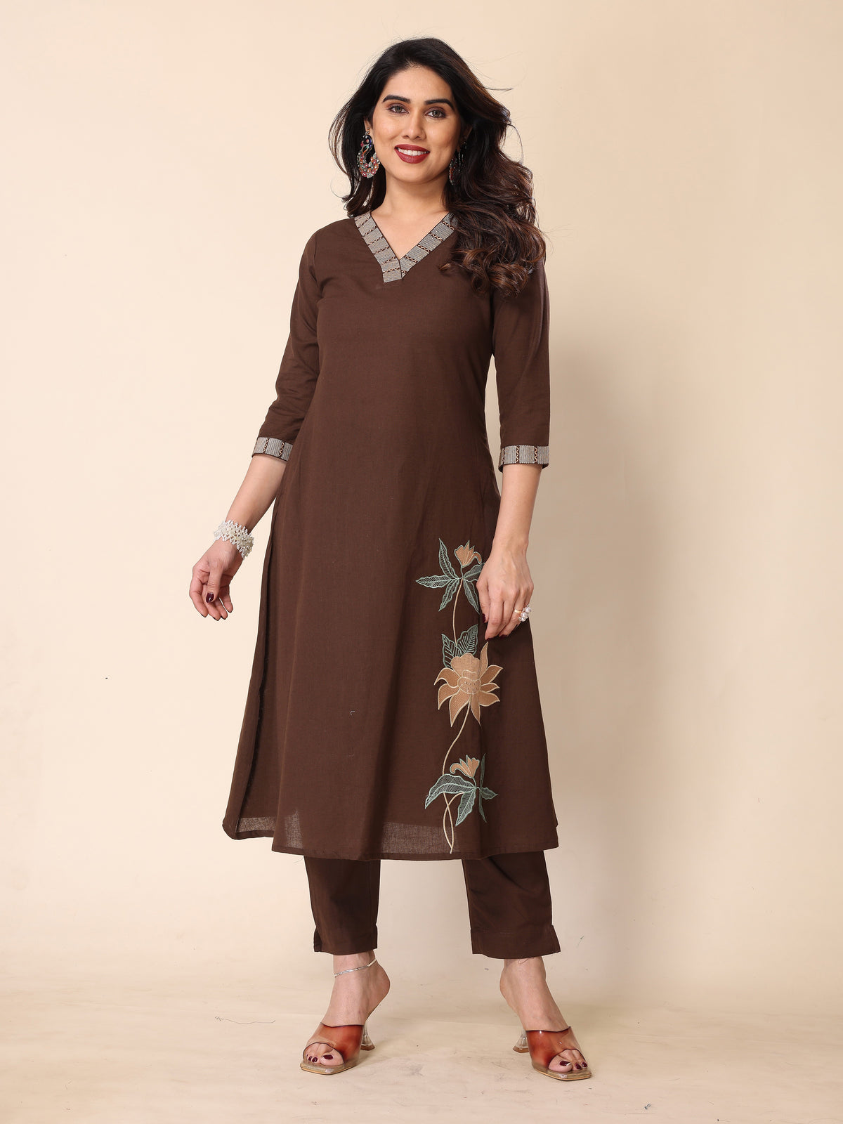 Brown Floral Embroidery A-Line Kurta with Trousers