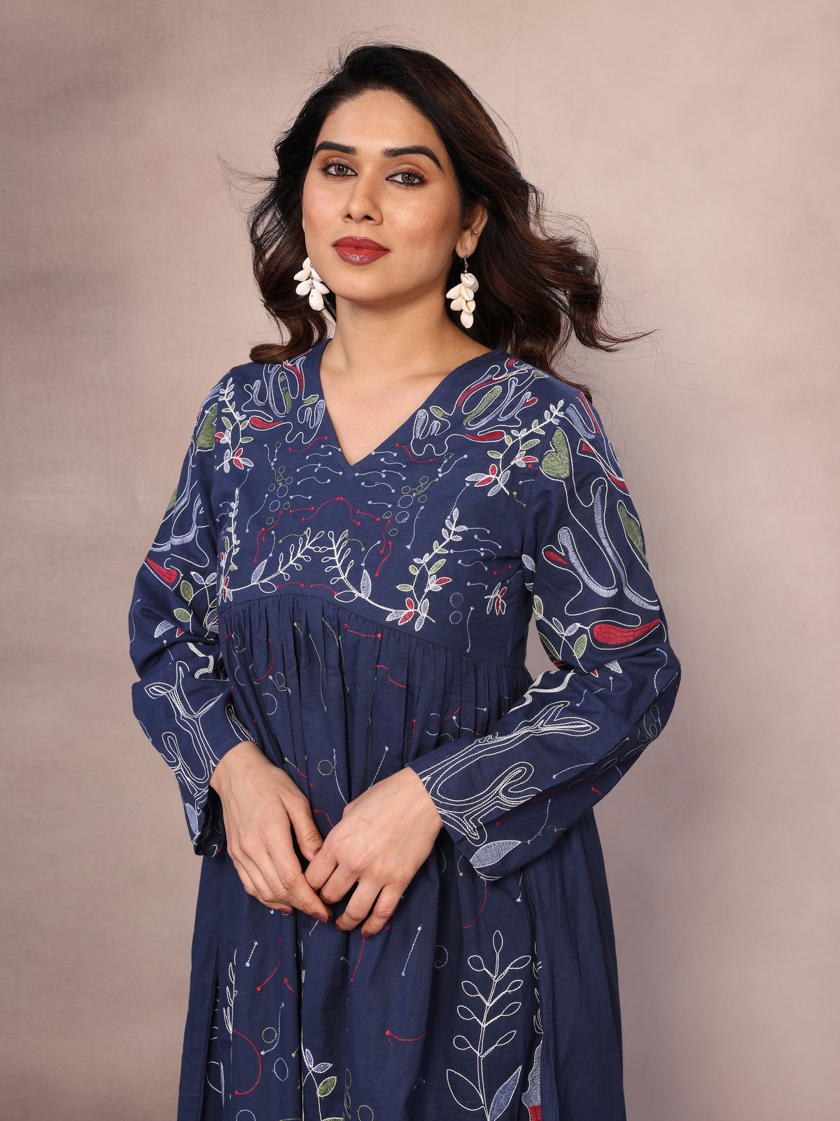 Navy Blue Floral Embroidered Midi Dress