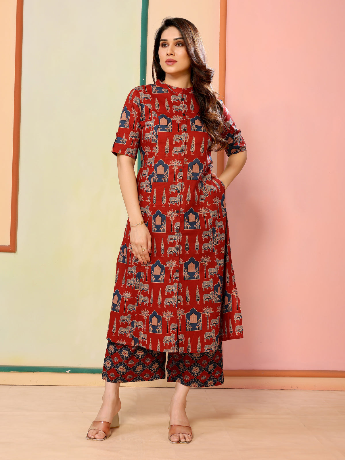 Maroon Block Print Half Sleeves Cotton Kurta with Palazzo