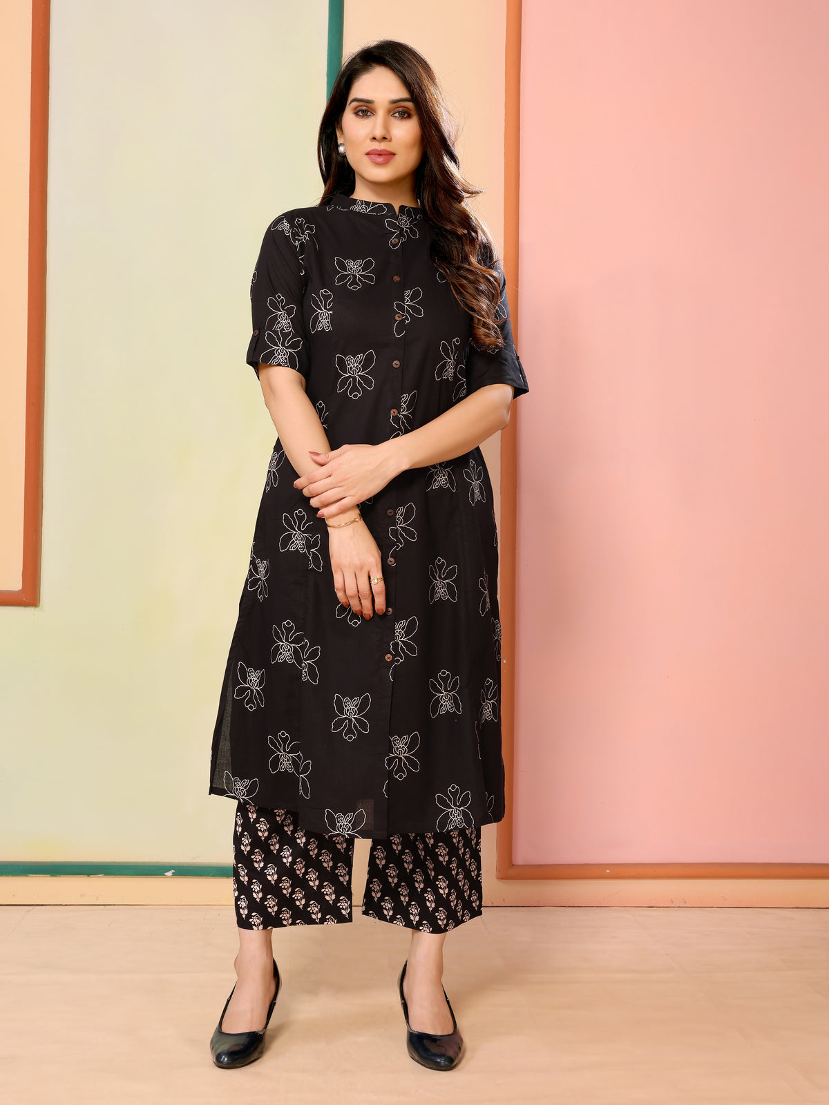 Black Floral Print Half Sleeves Cotton Kurta with Palazzo