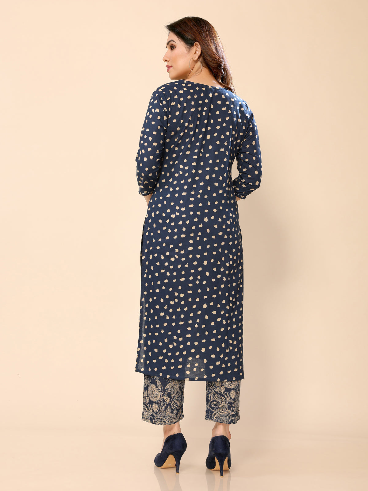 Teal Blue Printed Half Sleeves Cotton Kurta with Pants