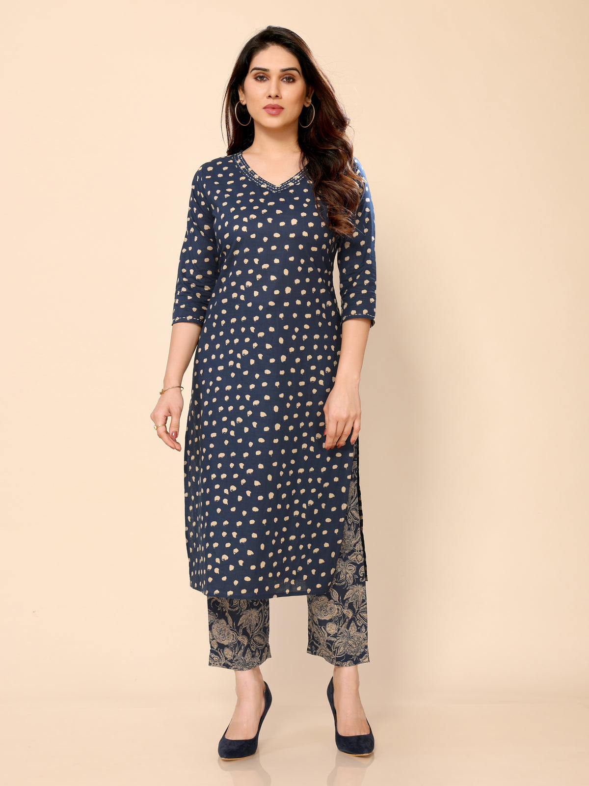 Teal Blue Printed Half Sleeves Cotton Kurta with Pants