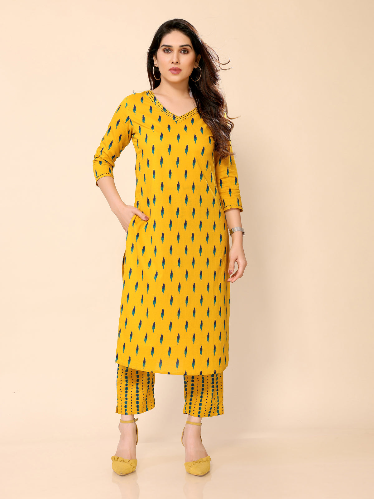 Mustard Printed Cotton Kurta with Trouser Pant