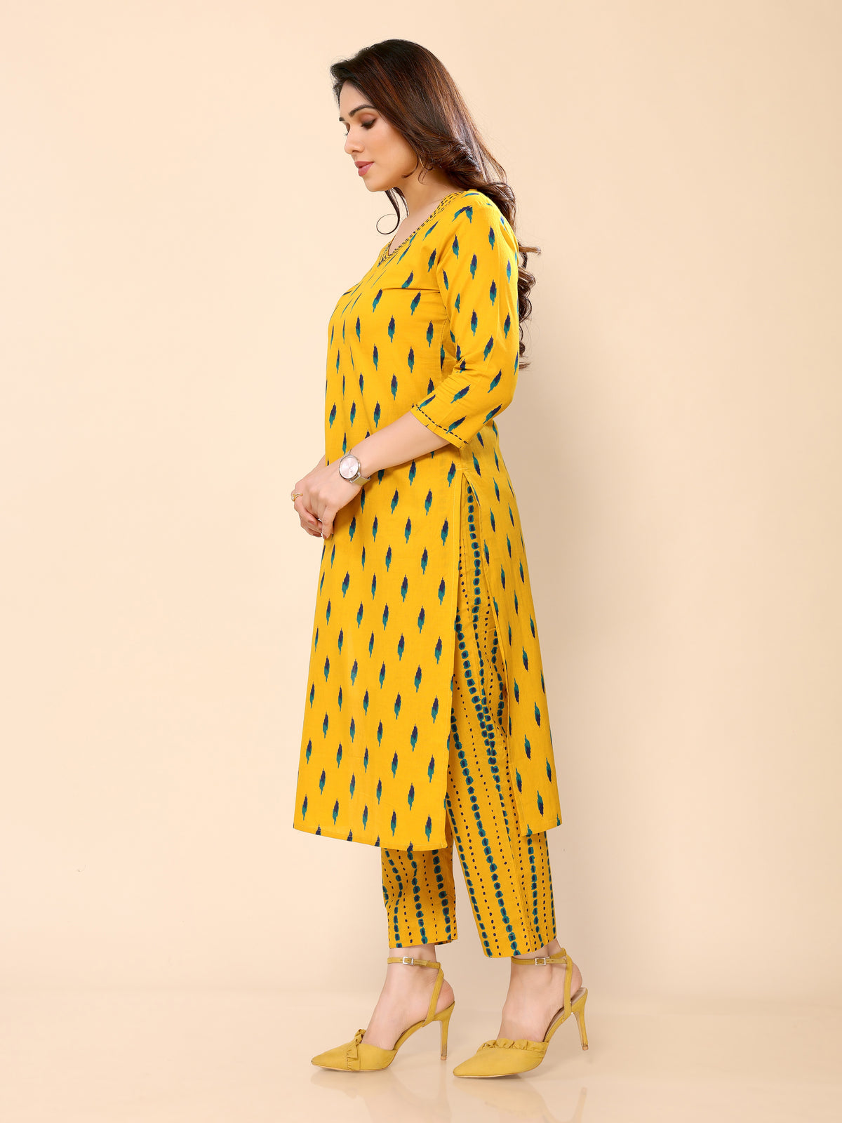 Mustard Printed Cotton Kurta with Trouser Pant