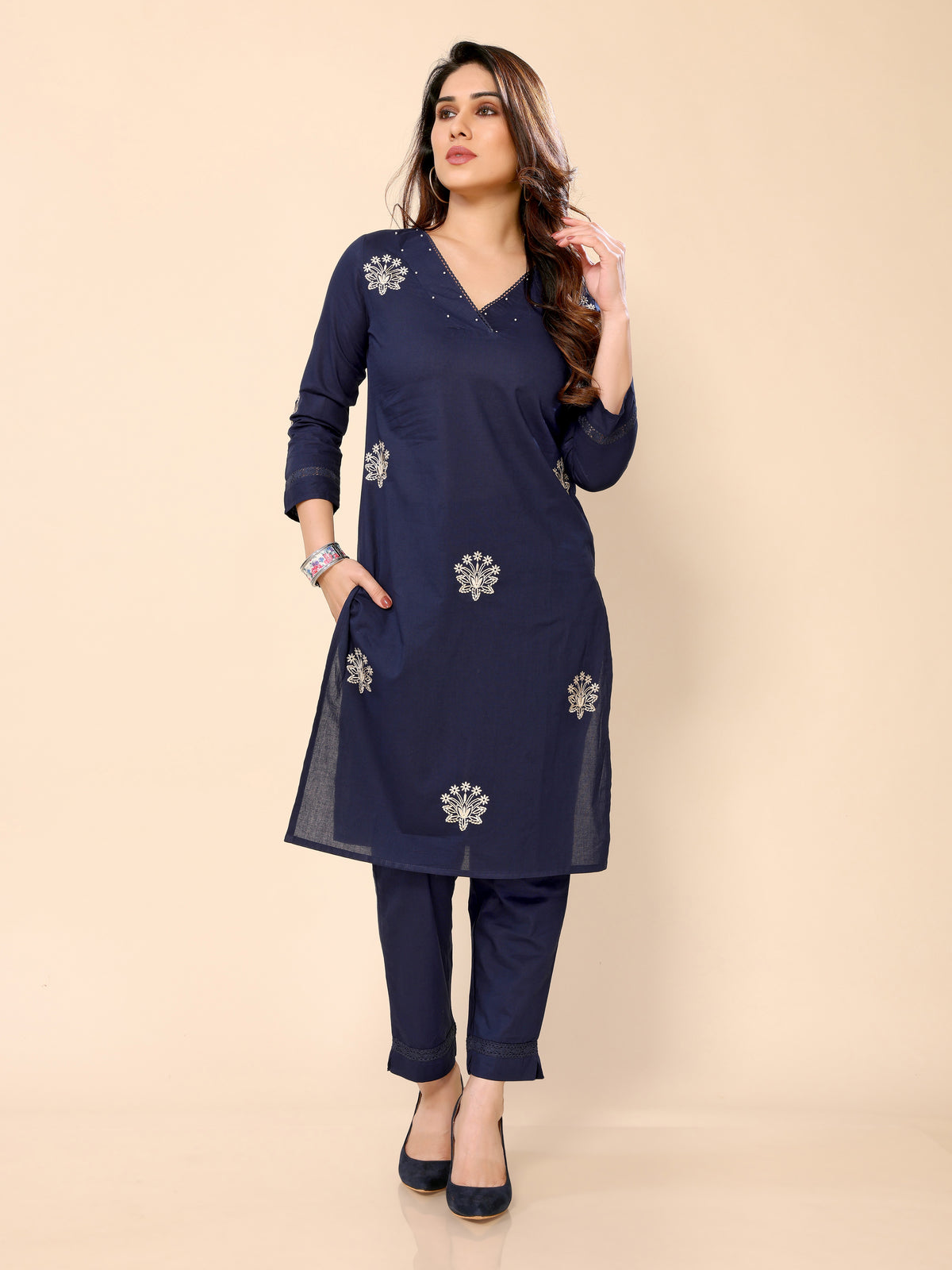 Navy Blue Embroidered Cotton Kurta with Three-Quarter Sleeves and Matching Pants