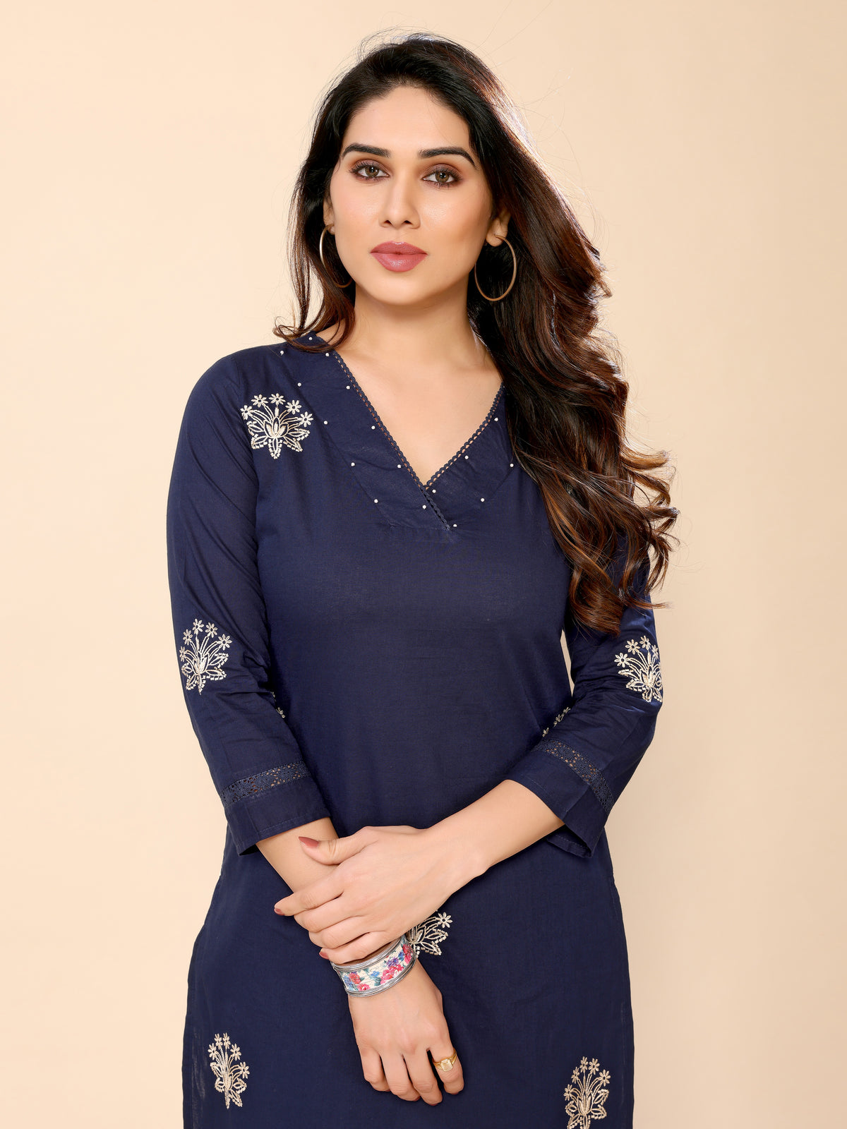 Navy Blue Embroidered Cotton Kurta with Three-Quarter Sleeves and Matching Pants