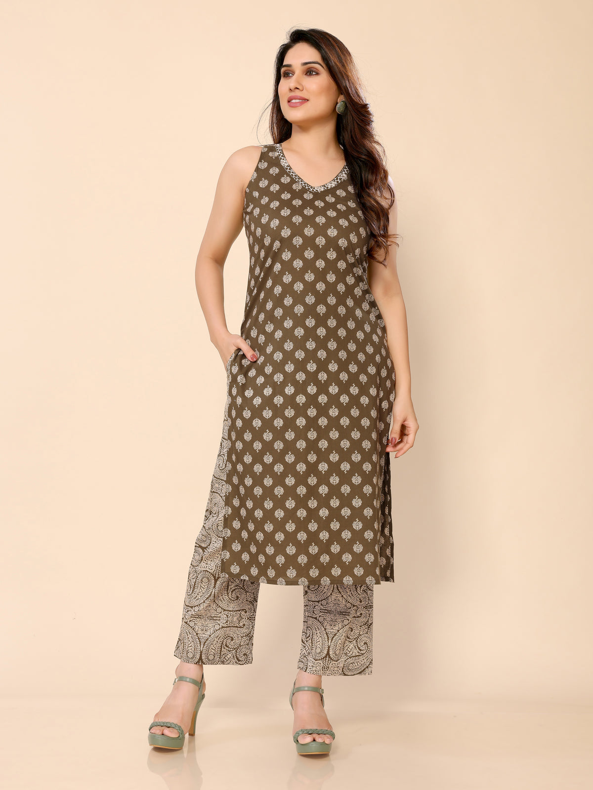 Brown Cotton Katha Work with Sequence Kurti with Pant with Side Pocket