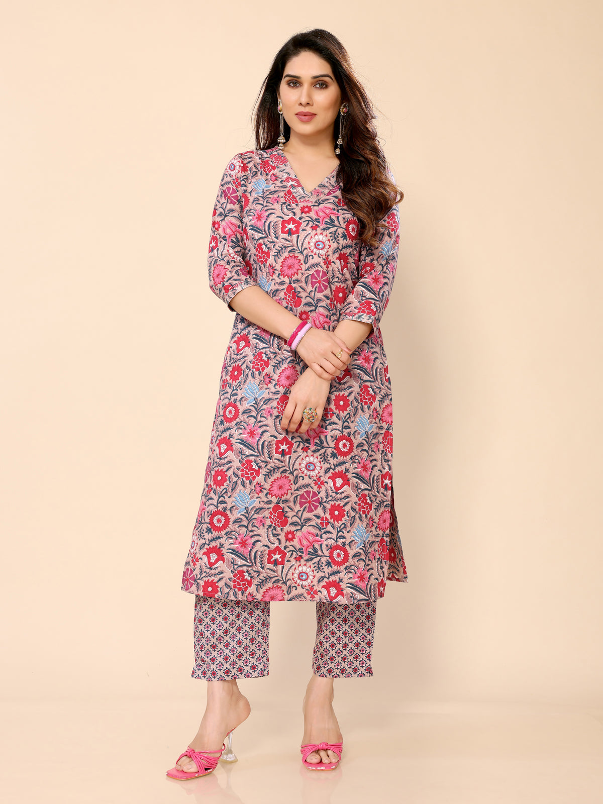 Pink Women's Regular Fit Floral Printed Straight Kurti with Pant