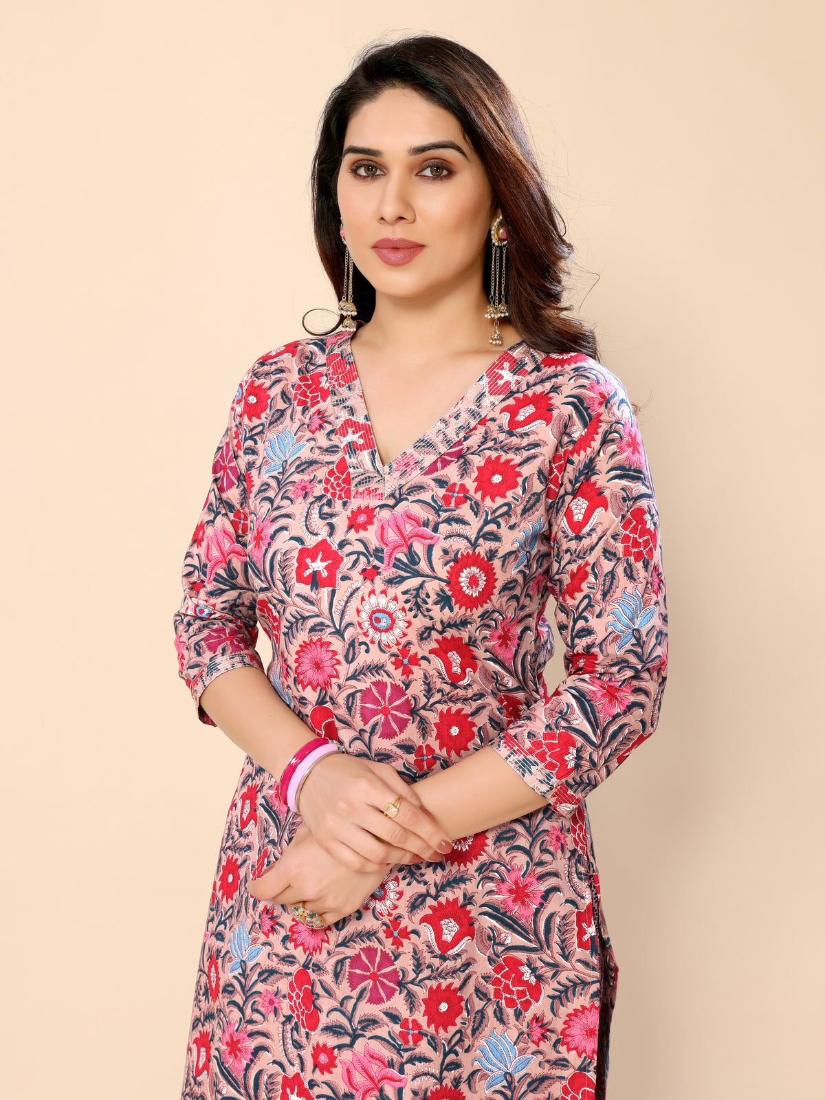 Pink Women's Regular Fit Floral Printed Straight Kurti with Pant