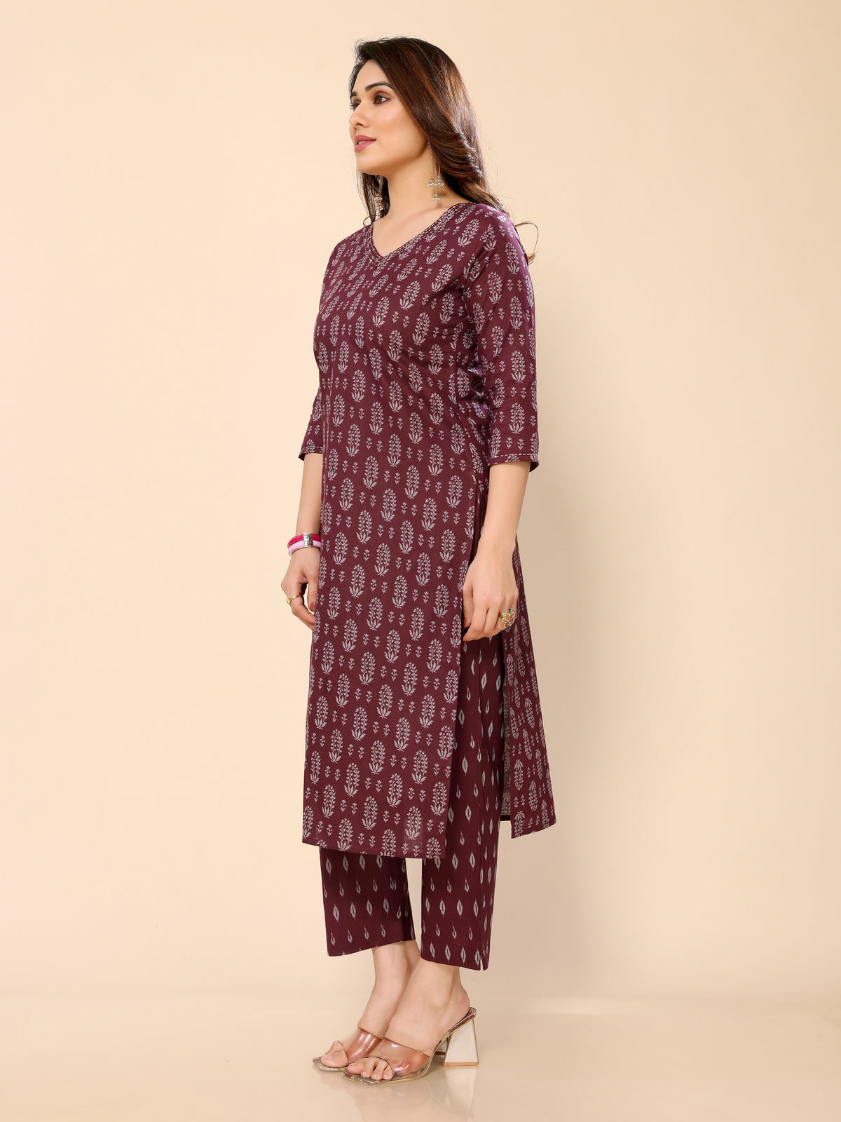 Mauve Floral Printed Cotton Kurta with Trouser Pant