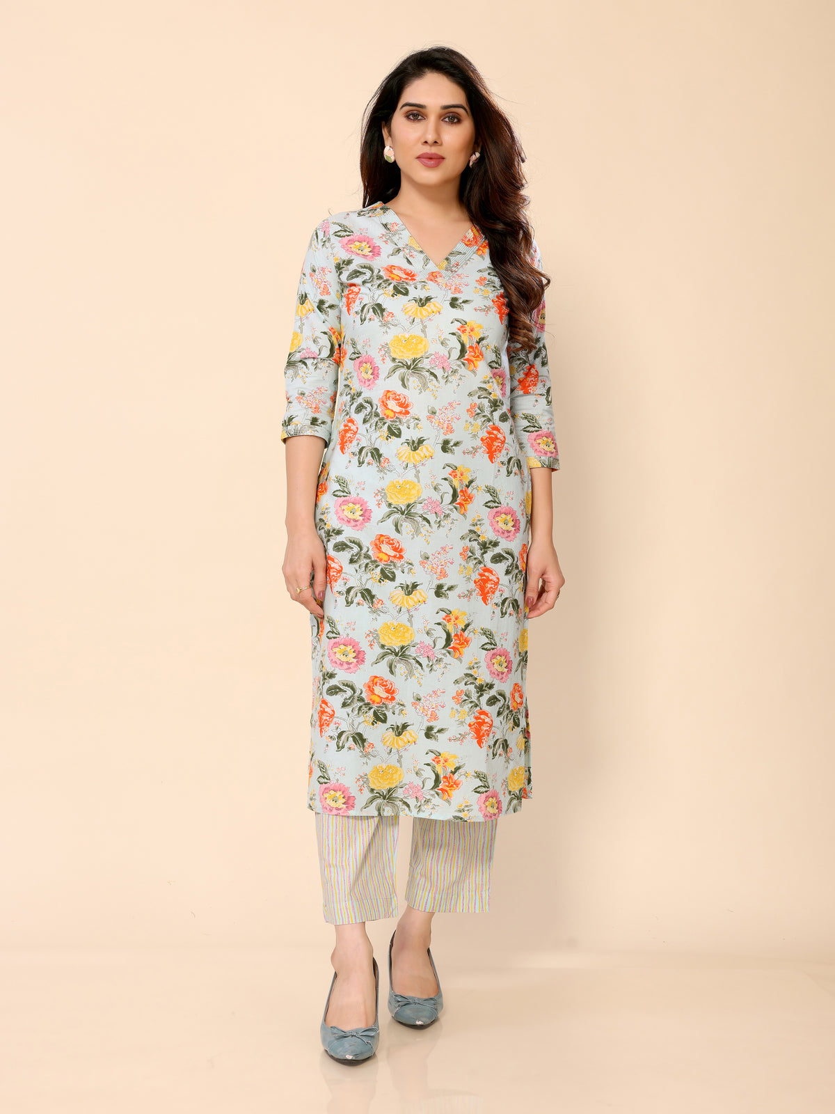 Light Blue Floral Printed Cotton Kurta with Trousers