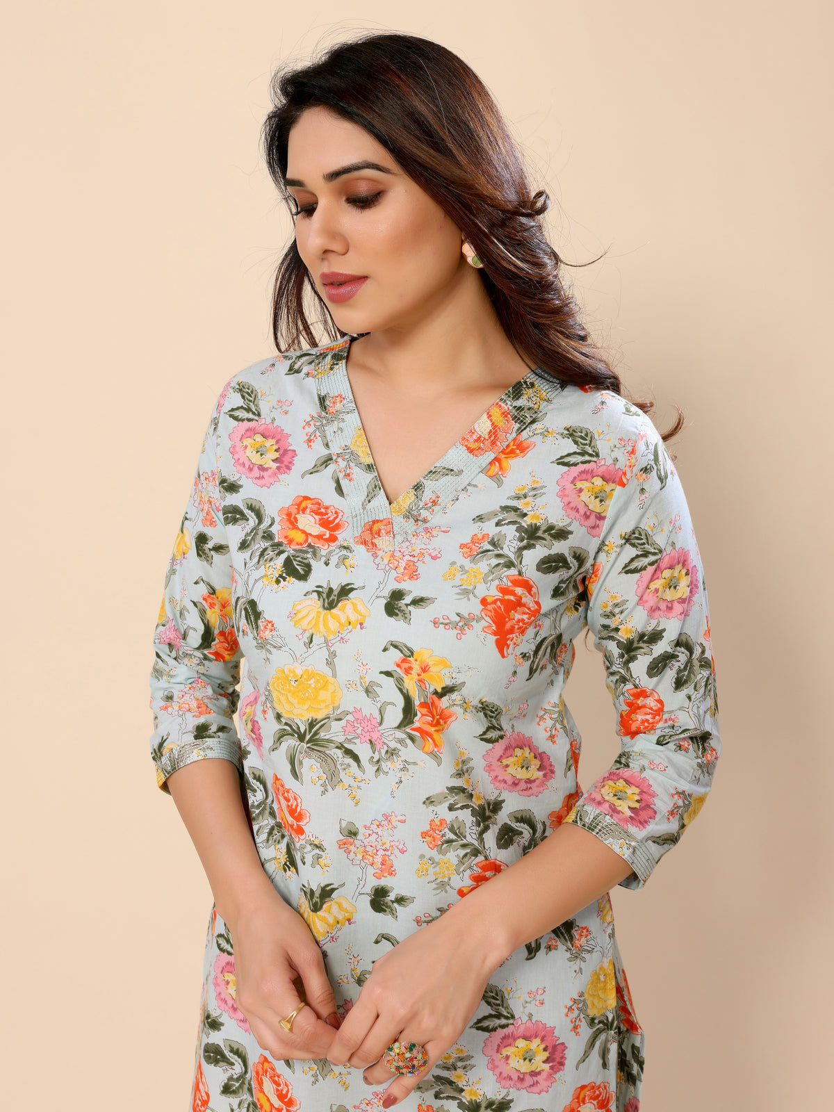 Light Blue Floral Printed Cotton Kurta with Trousers