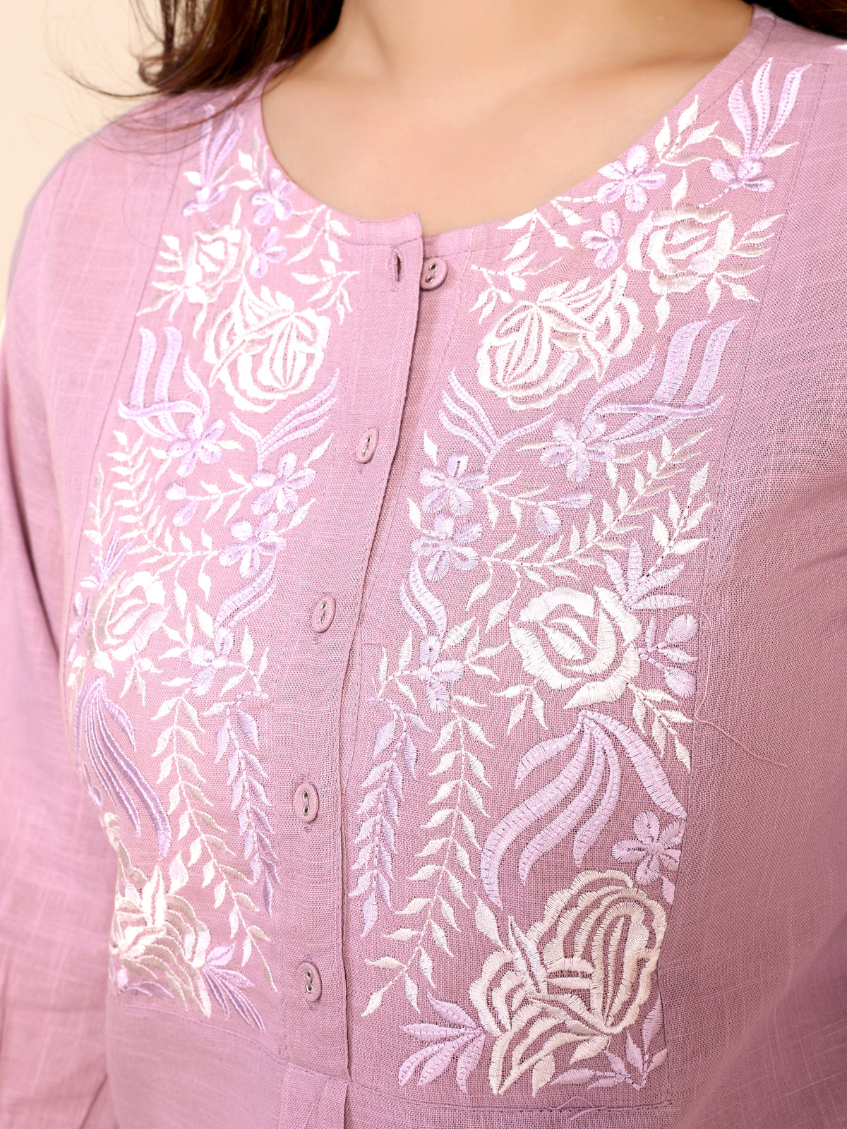 Pink Neck Yoke Embroidery Cotton Co-ords Set