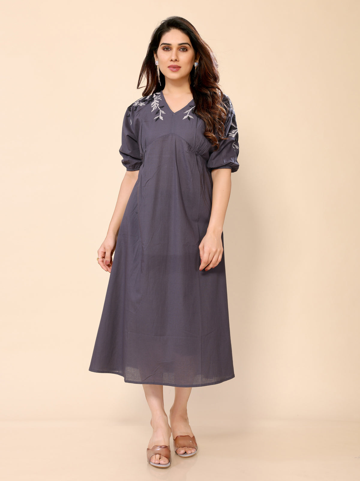Grey Cotton Floral Embroidery Gown One Piece Dress