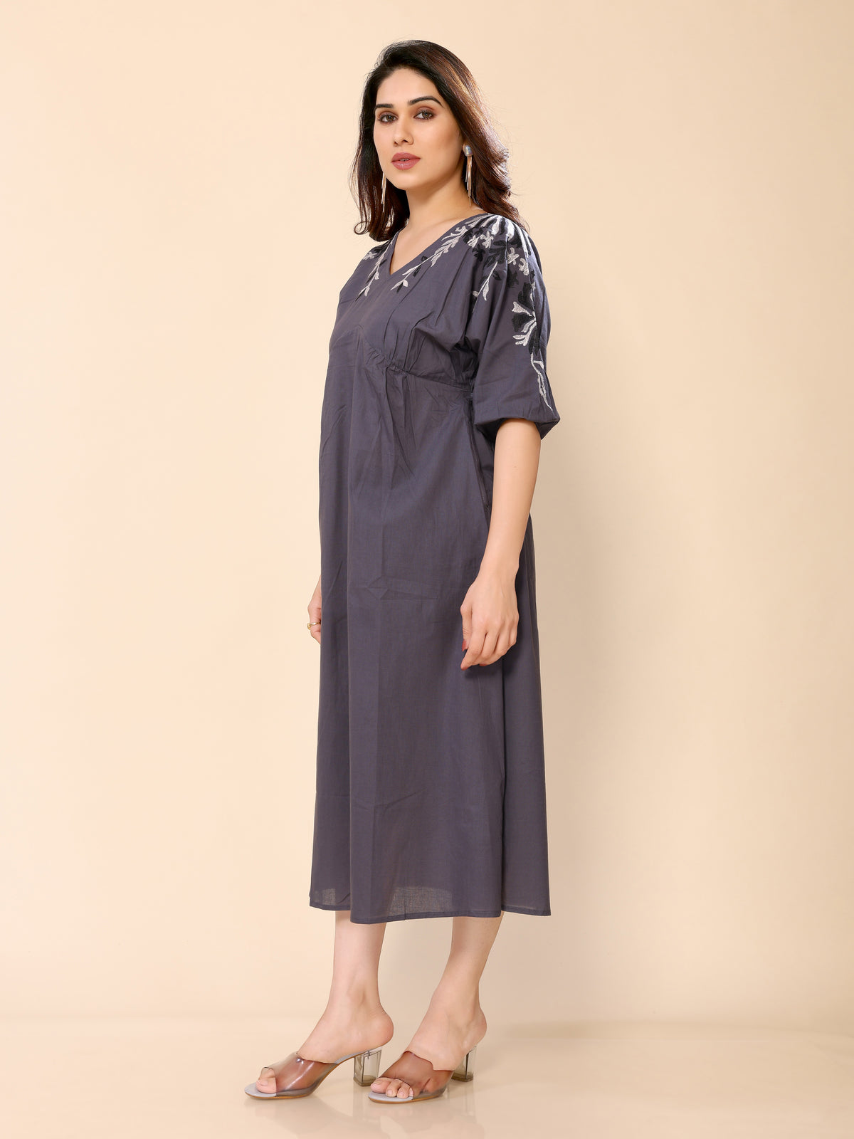 Grey Cotton Floral Embroidery Gown One Piece Dress