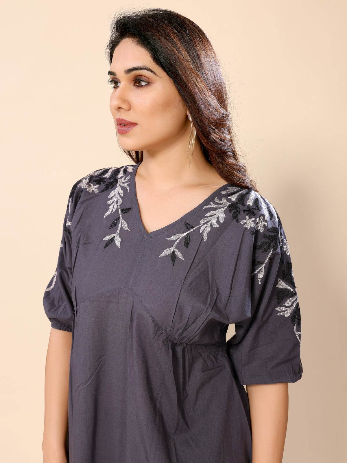 Grey Cotton Floral Embroidery Gown One Piece Dress