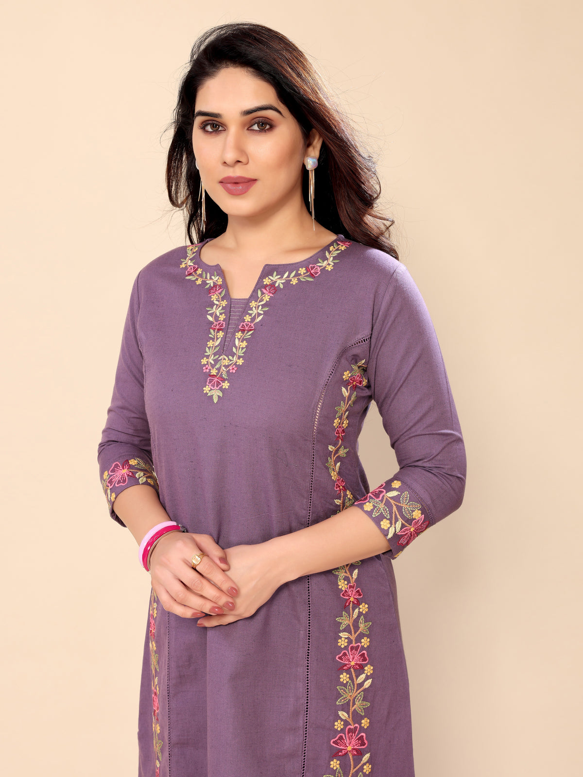 Purple Floral Embroidery Cotton Kurta with Trouser Pant