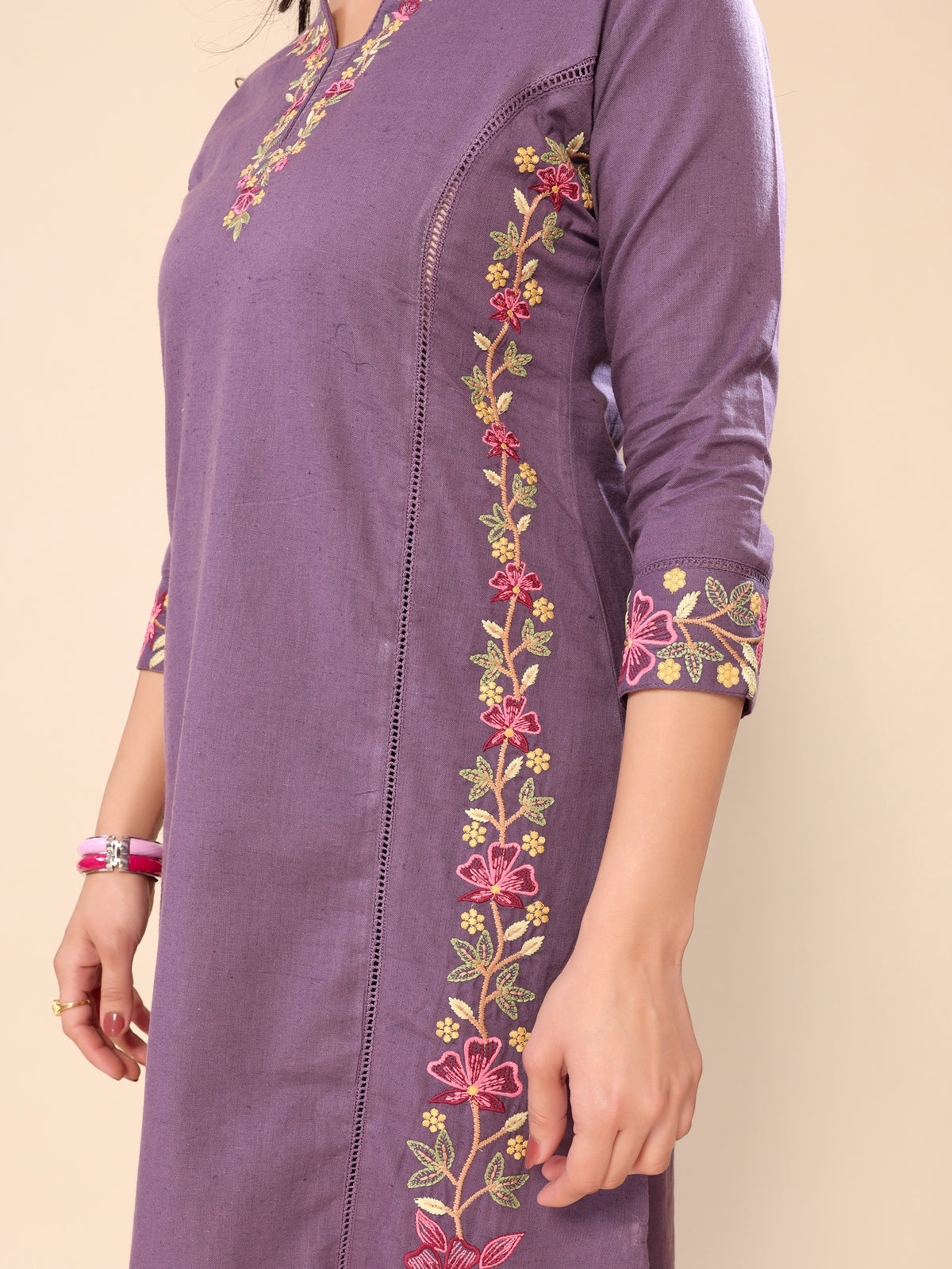 Purple Floral Embroidery Cotton Kurta with Trouser Pant