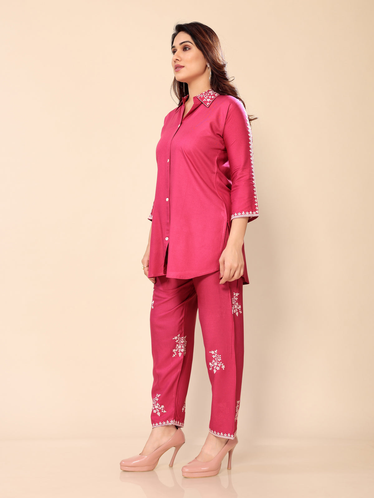 Pink Neck Embroidery Cotton Co-ords Set