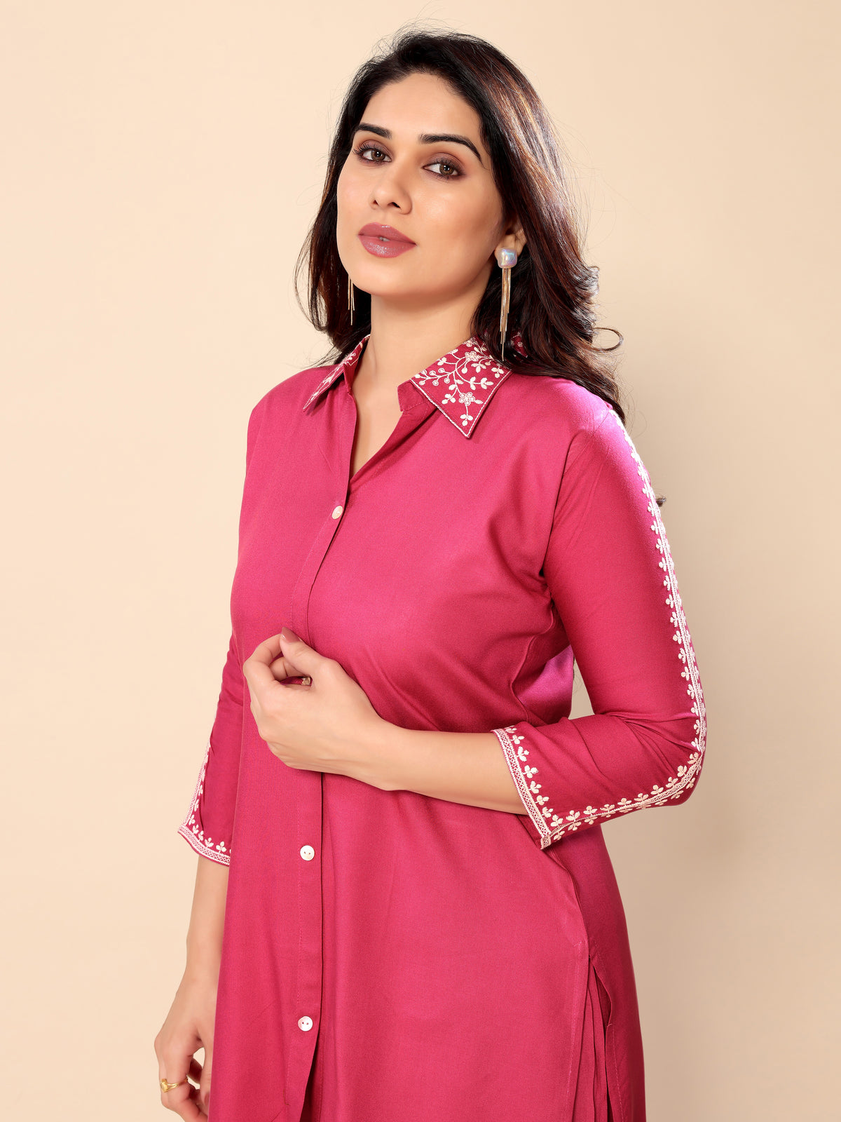 Pink Neck Embroidery Cotton Co-ords Set