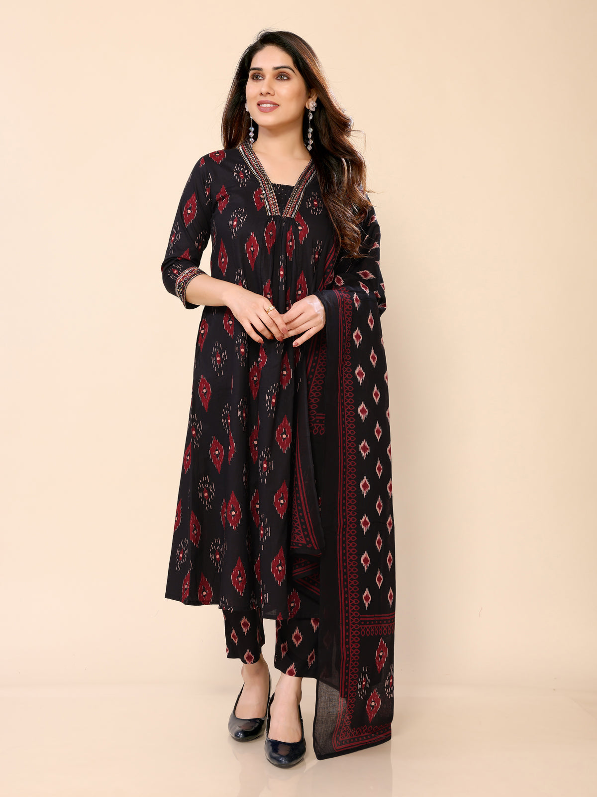 Black Ikat Printed Mul Cotton Long Kurti with Pant and Dupatta set