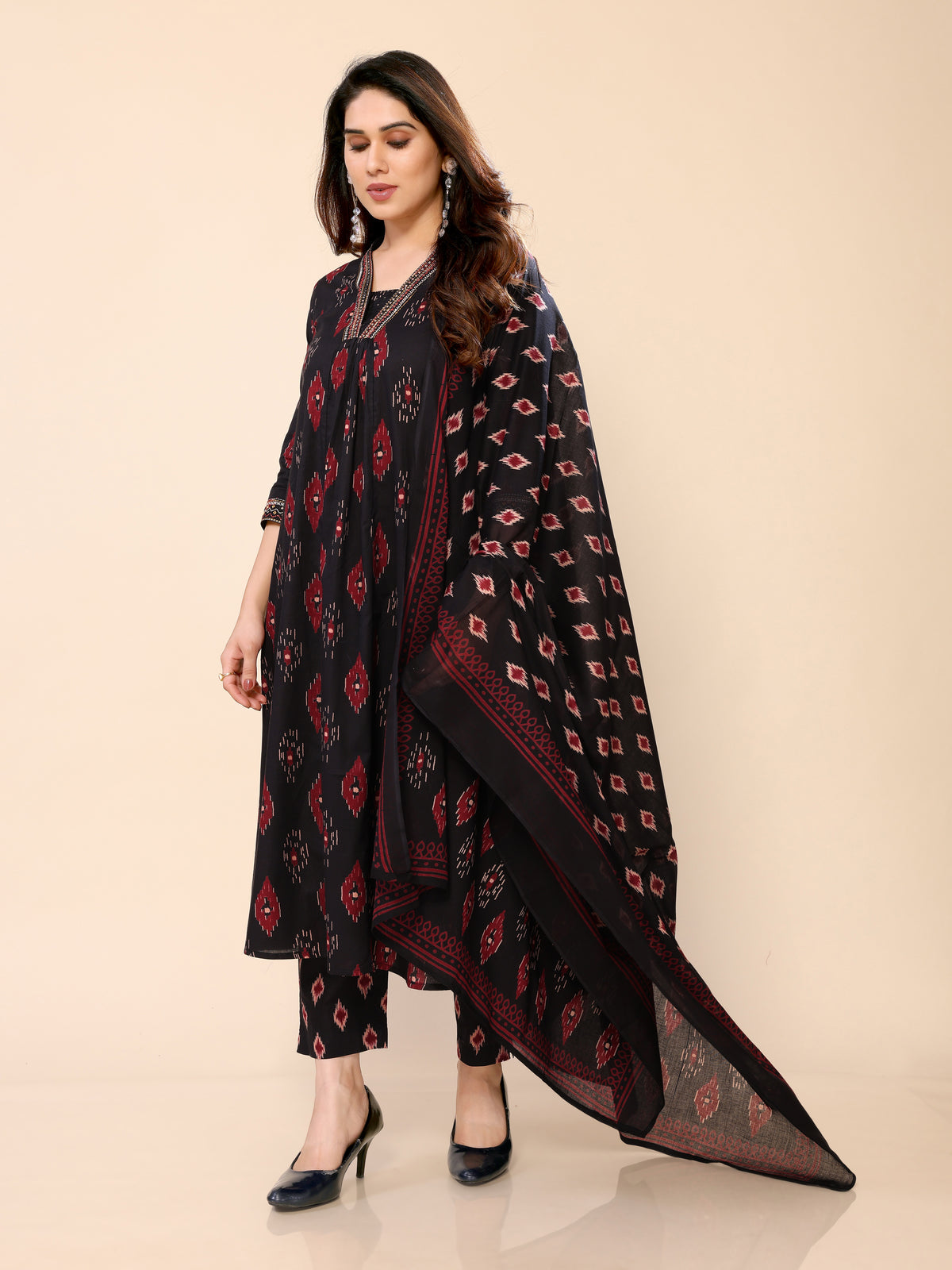 Black Ikat Printed Mul Cotton Long Kurti with Pant and Dupatta set
