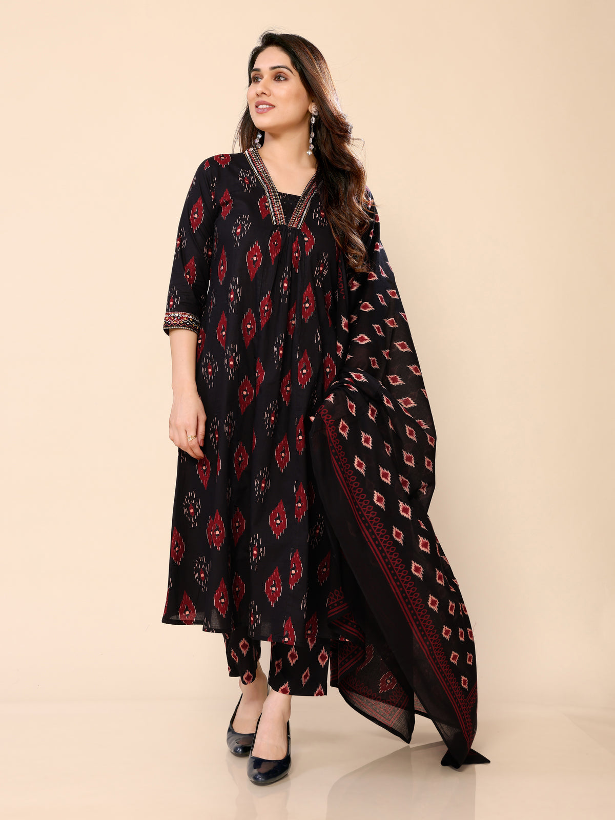 Black Ikat Printed Mul Cotton Long Kurti with Pant and Dupatta set