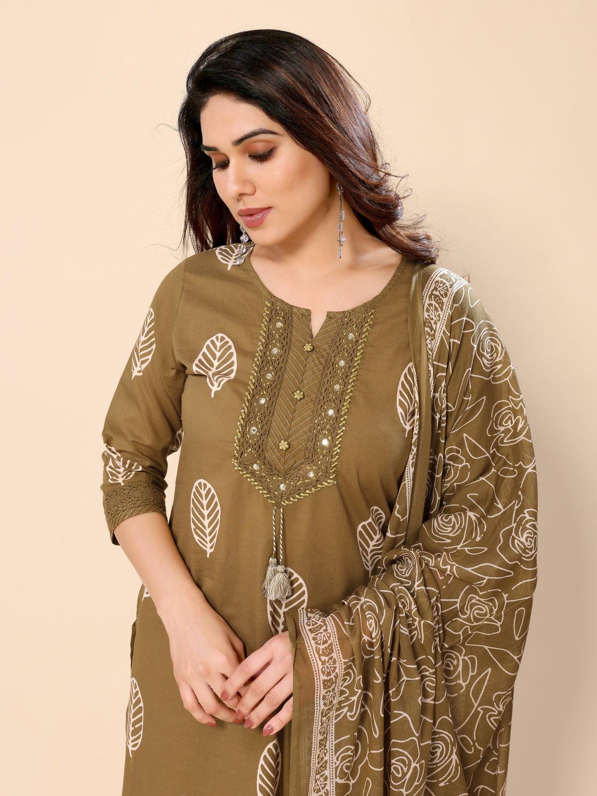 Mehendi Green Cotton Printed Kurta Pant & Dupatta Set