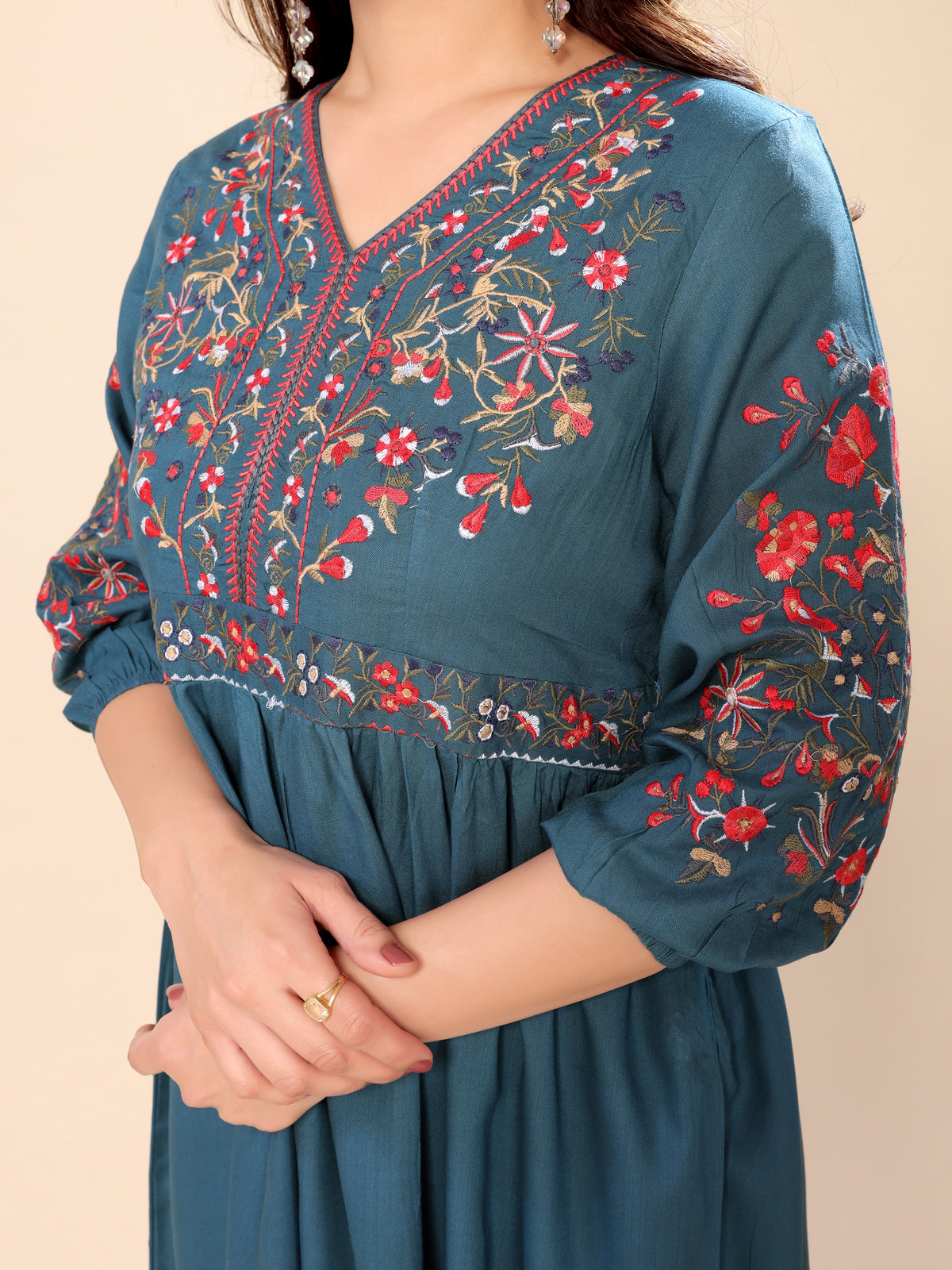 Teal Blue Cotton Floral Embroidery Gown One Piece Dress