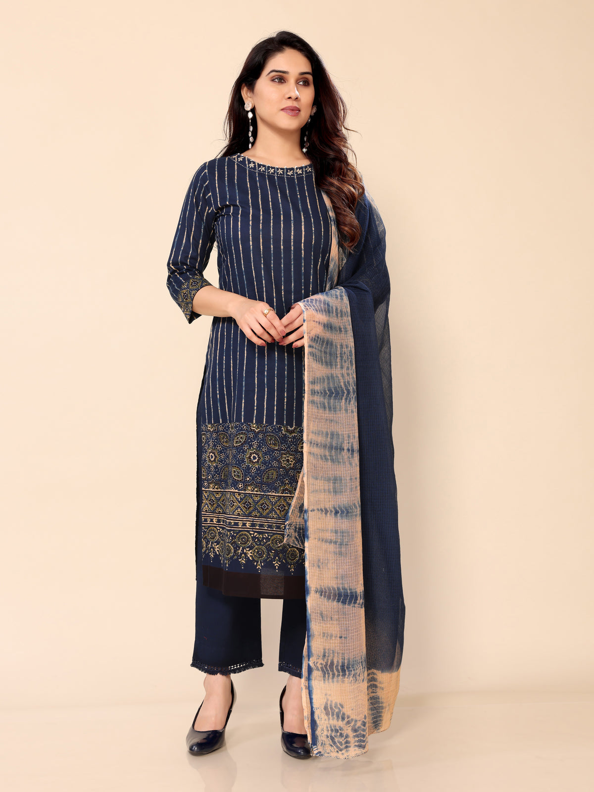 Blue Ethnic Print Straight Kurti with Pants and Dupatta Set
