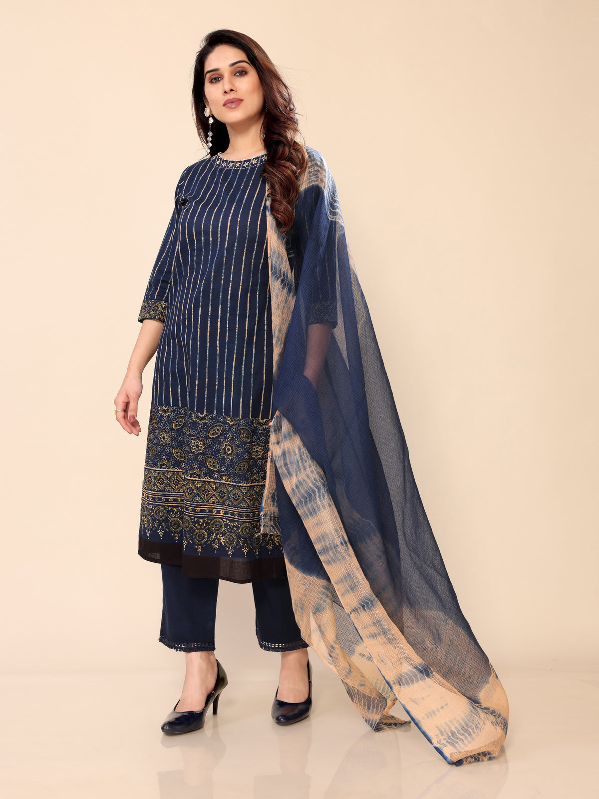 Blue Ethnic Print Straight Kurti with Pants and Dupatta Set