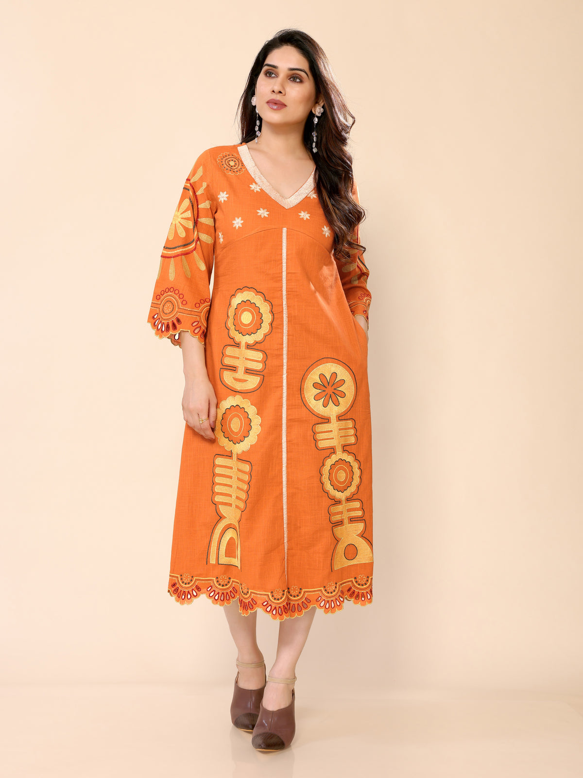 Orange Abstract Floral Embroidery Cotton Gown One Piece Dress