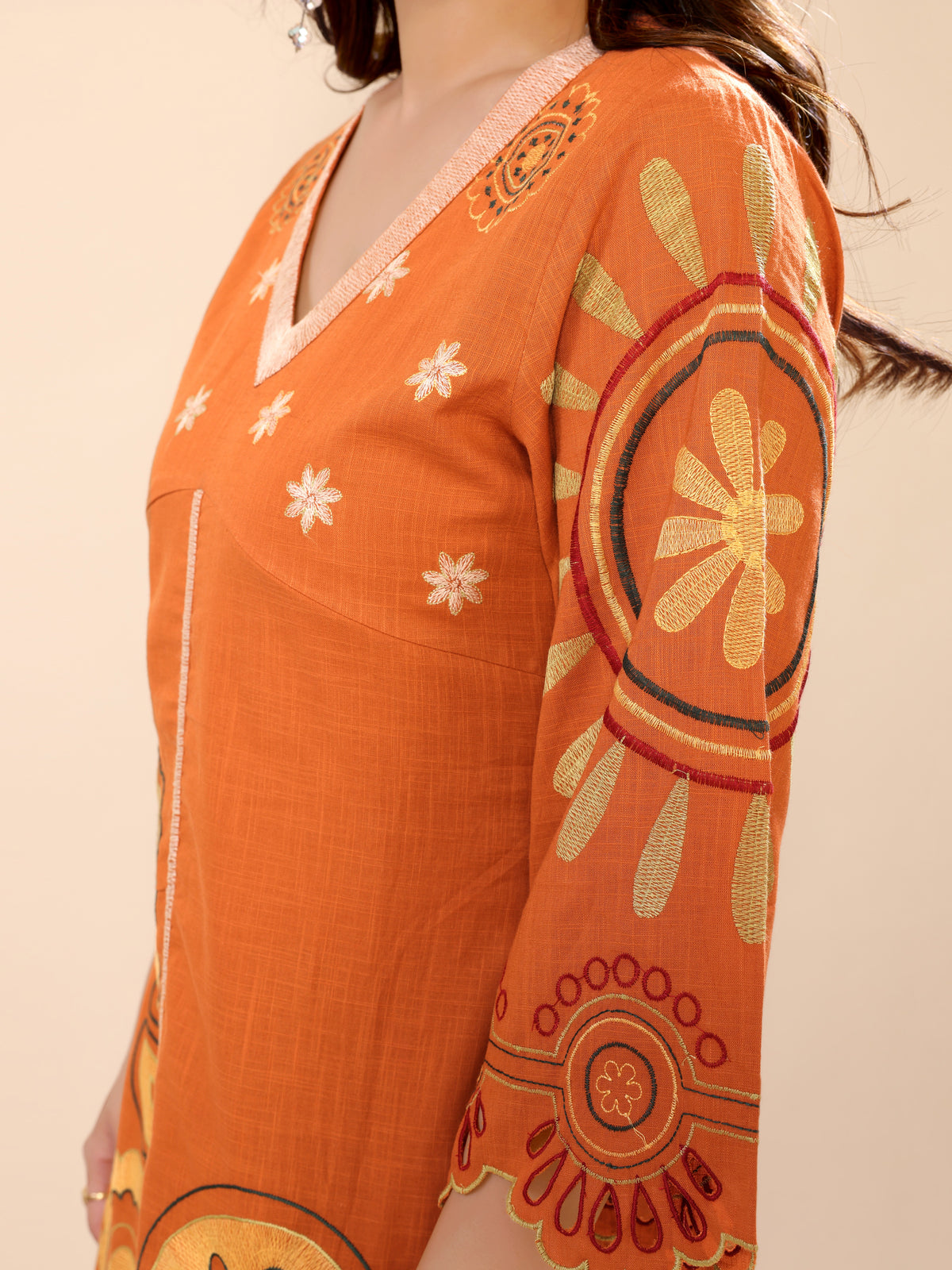 Orange Abstract Floral Embroidery Cotton Gown One Piece Dress