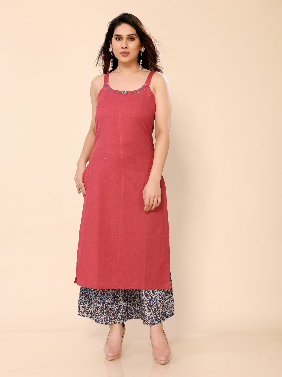 Red Sleveeless Modern Kurti Palazzo Set in Cotton