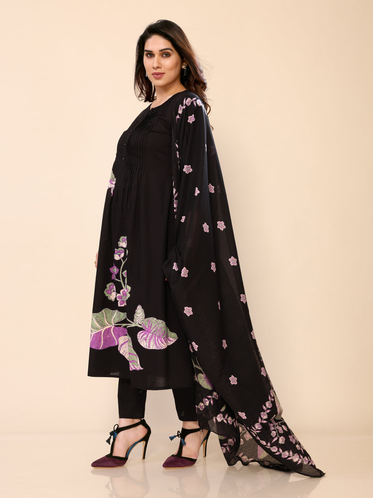 Black Floral Embroidery Cotton Angrakha Style Kurta Pant Dupatta Set