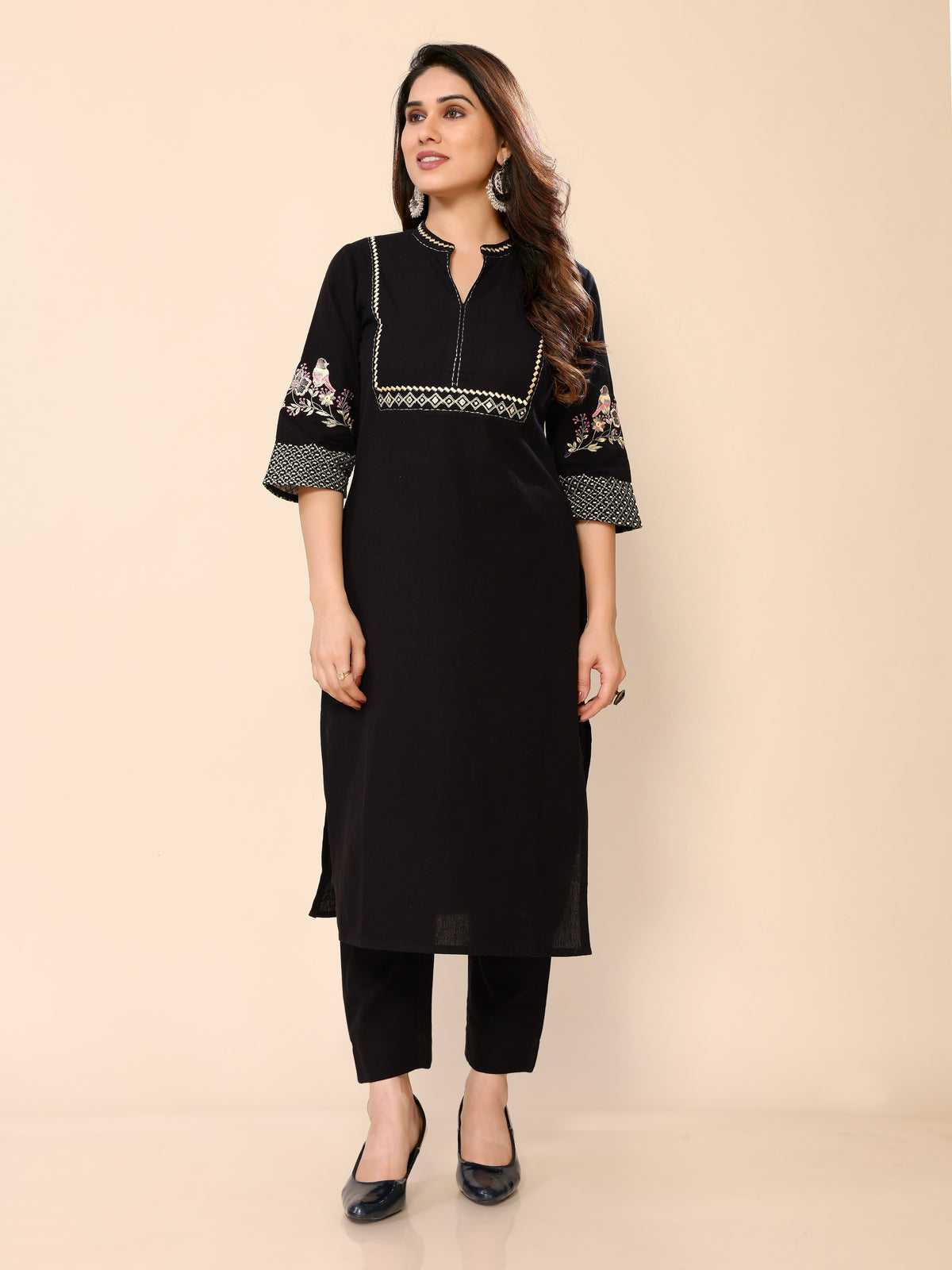 Cotton Black Floral Embroidered Thread Work Black Kurta with Trousers