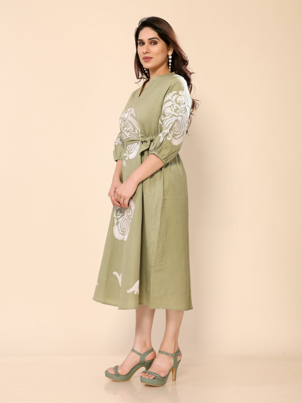 Green Floral Embroidery cotton Gown One Piece Dress