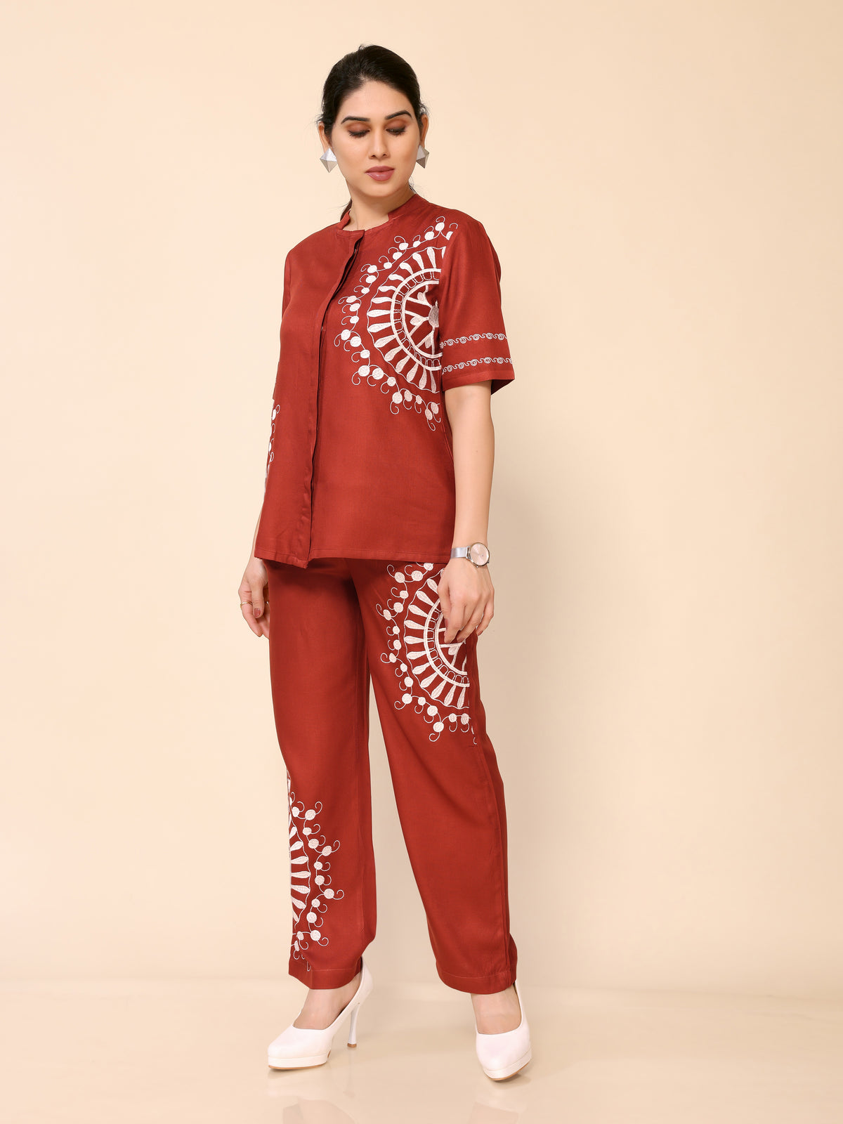 Orangey Red Embroidery Cotton Co-ords Set